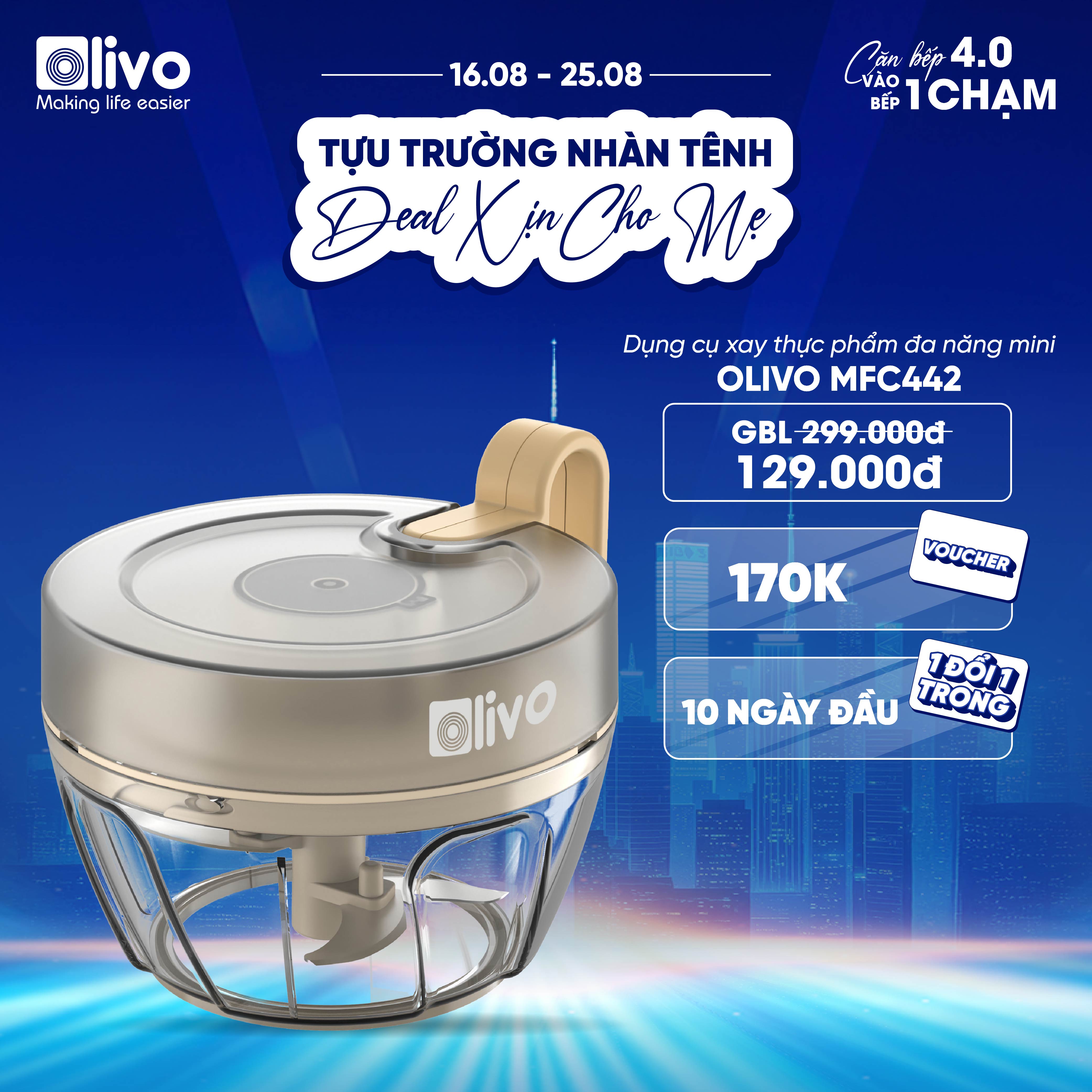 Dụng Cụ Xay Thực Phẩm Đa Năng Mini OLIVO MFC442 – Xay Tỏi Ớt, Xay Thịt, Xay Hạt Tiện Lợi – Dây Kéo Chắc Chắn – Dung Tích 400ML – Dễ Dàng Vệ Sinh