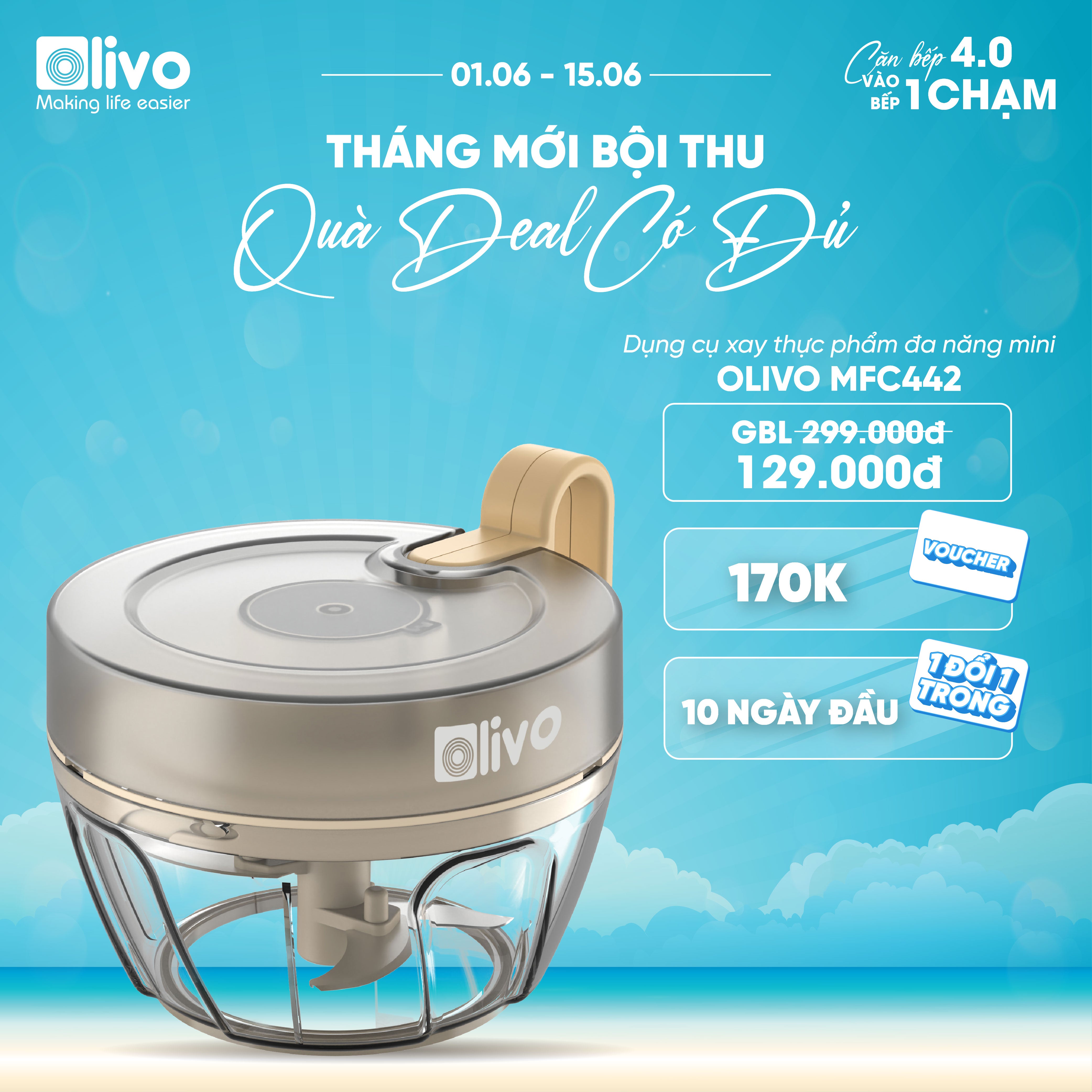Dụng Cụ Xay Thực Phẩm Đa Năng Mini OLIVO MFC442 – Xay Tỏi Ớt, Xay Thịt, Xay Hạt Tiện Lợi – Dây Kéo Chắc Chắn – Dung Tích 400ML – Dễ Dàng Vệ Sinh