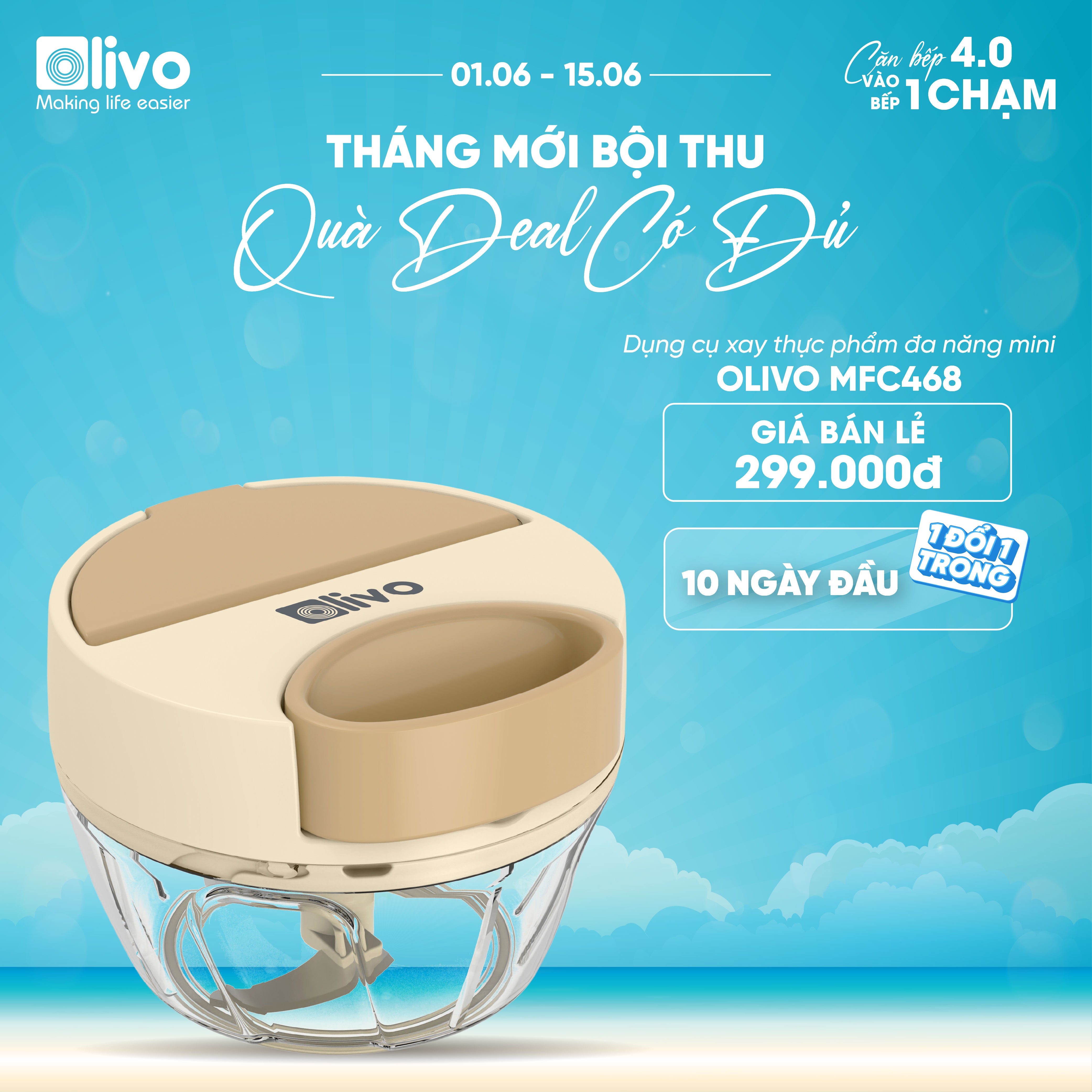 Dụng Cụ Xay Thực Phẩm Đa Năng Mini OLIVO MFC468 – Xay Tỏi Ớt, Xay Thịt, Xay Hạt Tiện Lợi – Nắp Lật Tiện Dụng - Dây Kéo Chắc Chắn – Dung Tích 400ML – Dễ Dàng Vệ Sinh