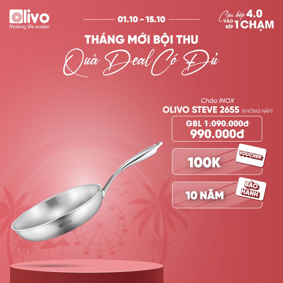 CHẢO INOX OLIVO STEVE 2655 – Chống Dính Tự Nhiên, An Toàn Cho Sức Khỏe, Đường Kính 26cm, Sâu 5.5cm, Nấu Được Trên Mọi Loại Bếp