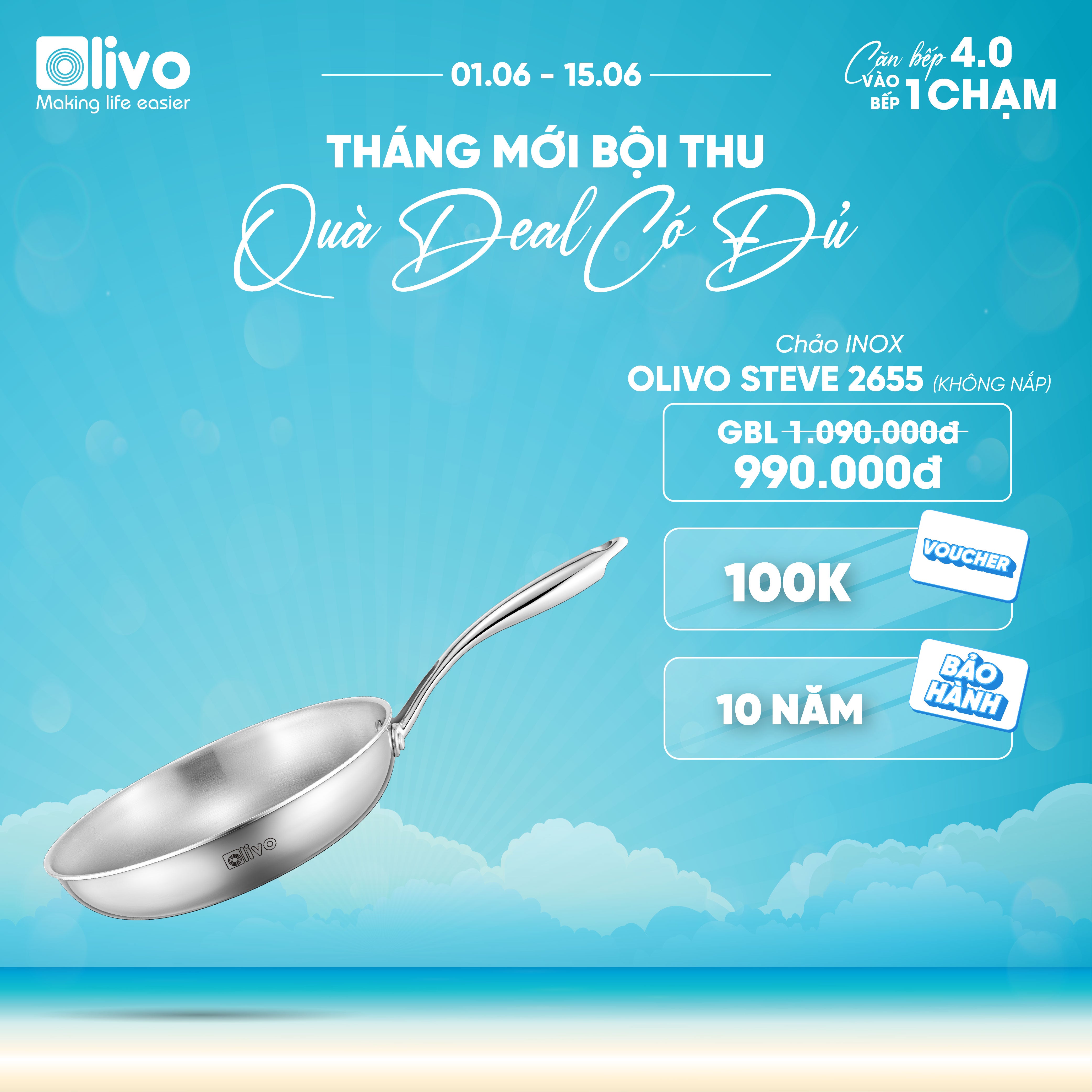 CHẢO INOX OLIVO STEVE 2655 – Chống Dính Tự Nhiên, An Toàn Cho Sức Khỏe, Đường Kính 26cm, Sâu 5.5cm, Nấu Được Trên Mọi Loại Bếp