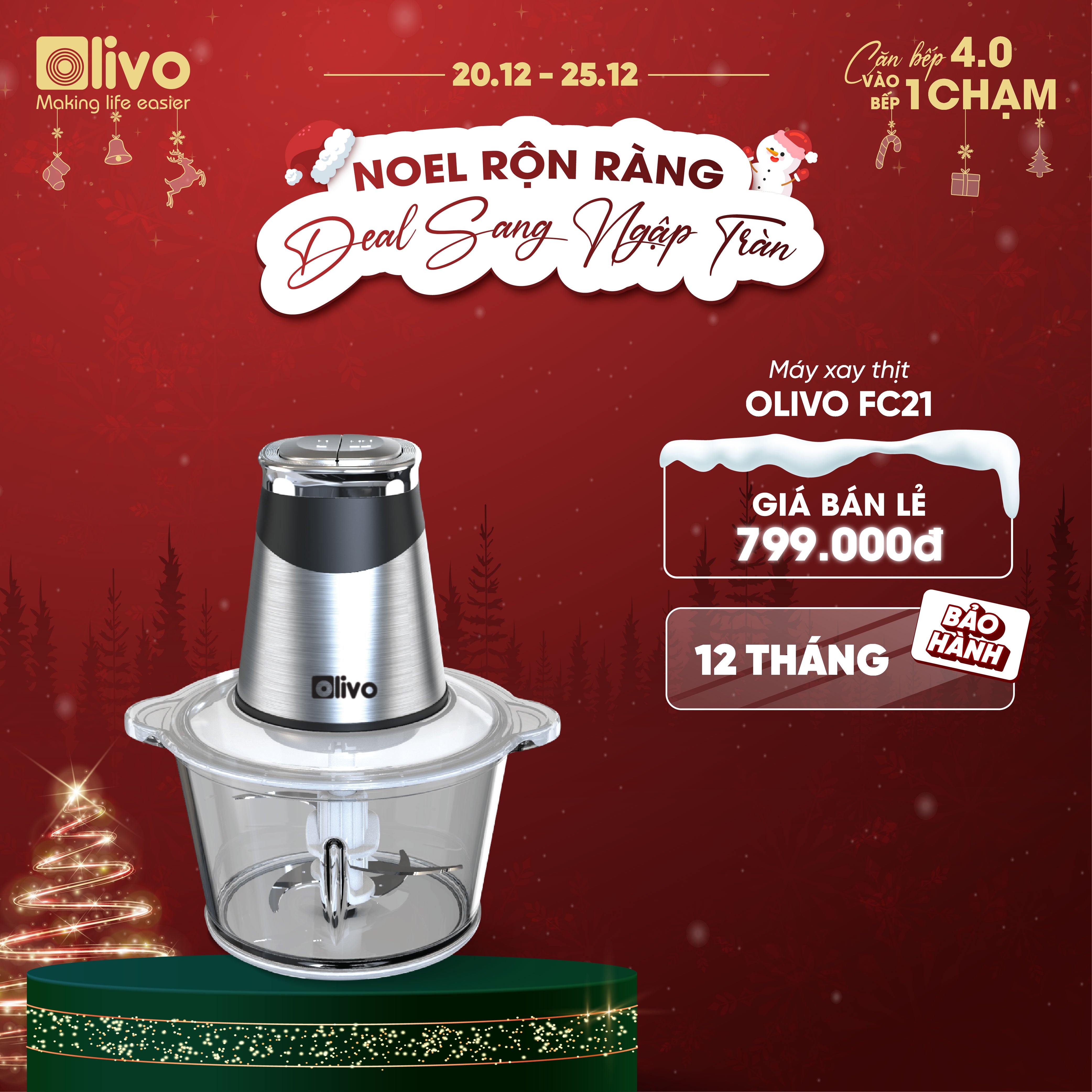 Máy Xay Thực Phẩm Đa Năng OLIVO FC21 - Dung Tích 2.1L - Công Suất 500W