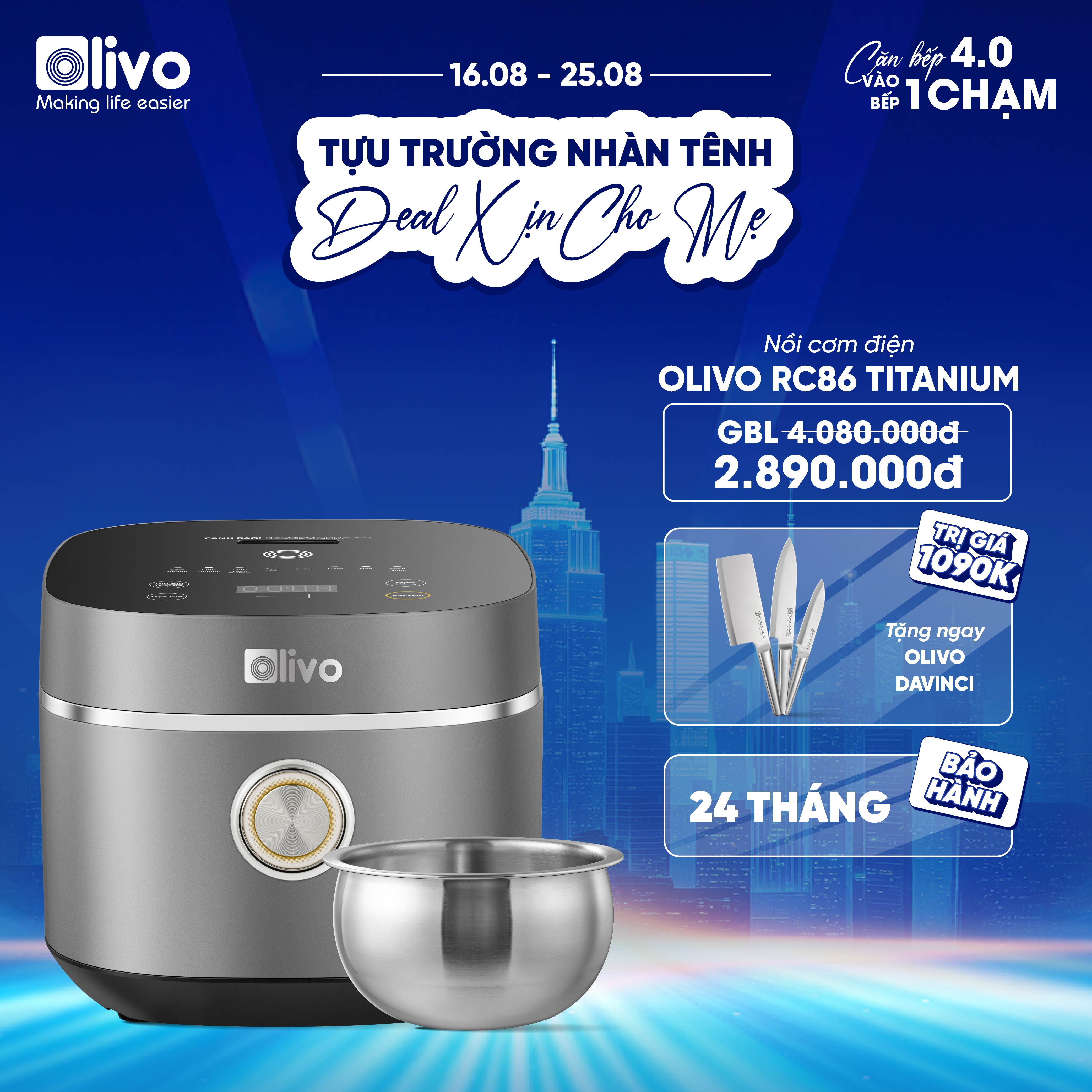Nồi Cơm Điện OLIVO RC86 Titanium - Lòng Nồi INOX 304 Chống Dính Tự Nhiên, Nấu Cơm Ngon, Thiết Kế Tinh Tế, Sang Trọng