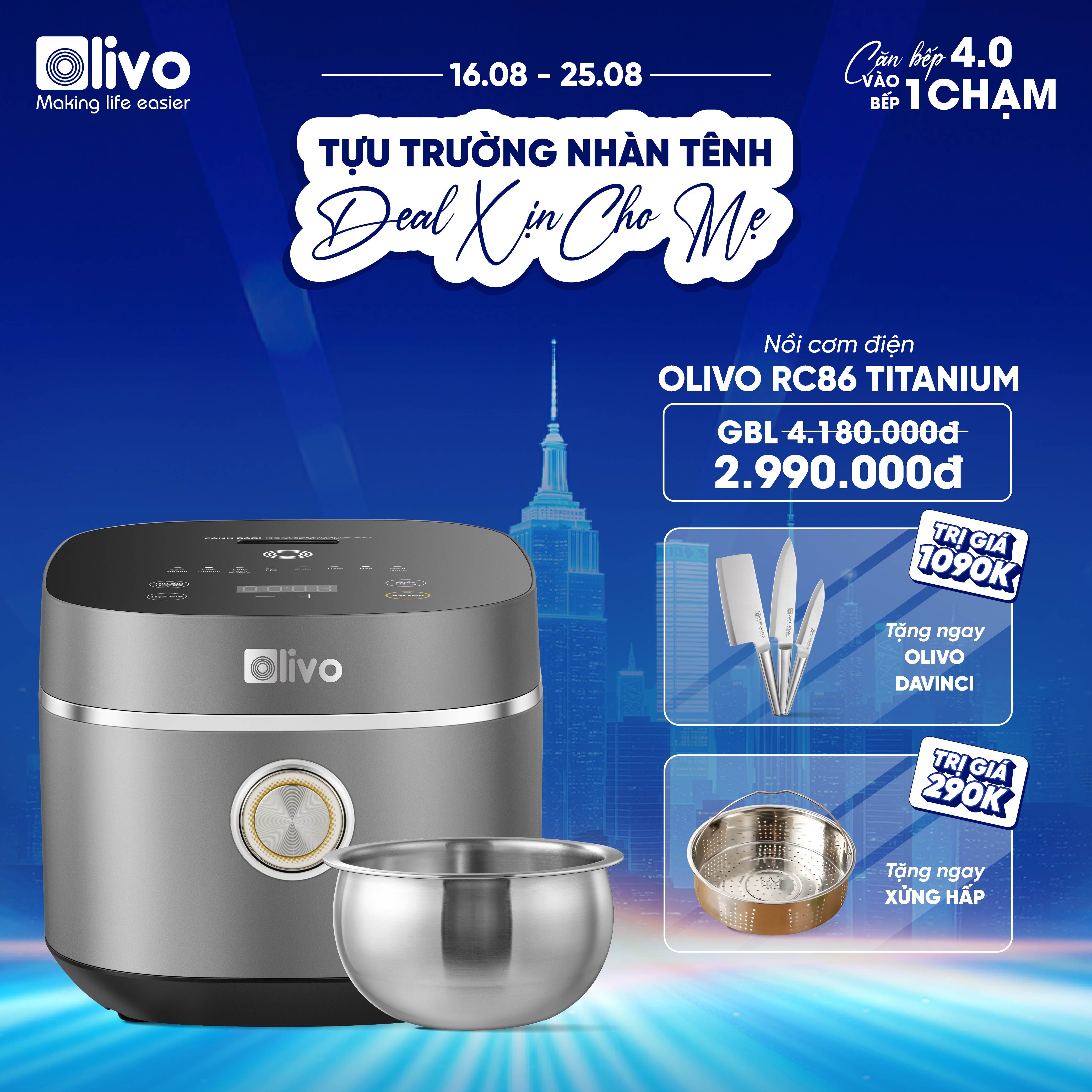 Nồi Cơm Điện OLIVO RC86 Titanium - Lòng Nồi INOX 304 Chống Dính Tự Nhiên, Nấu Cơm Ngon, Thiết Kế Tinh Tế, Sang Trọng