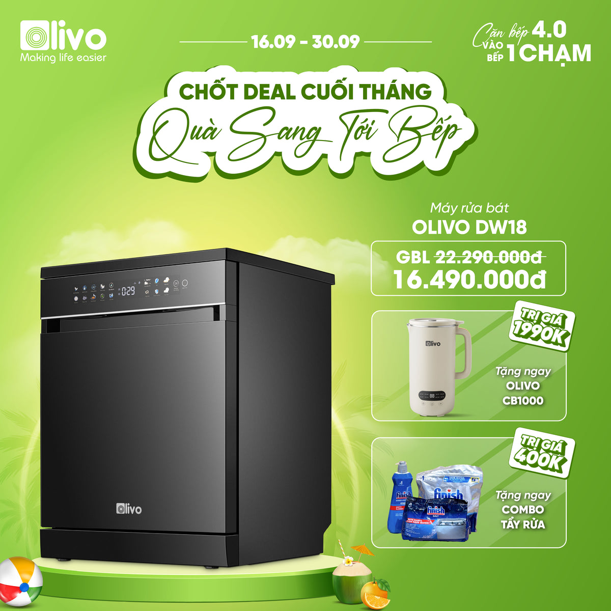 Máy Rửa Bát OLIVO DW18 - 3 Giỏ Linh Hoạt - Tải Trọng 18 Bộ Bát Đĩa - Sấy Turbo EcoDry - Rửa Hydro360 Wash -16 Chương Trình - Khử Khuẩn UV