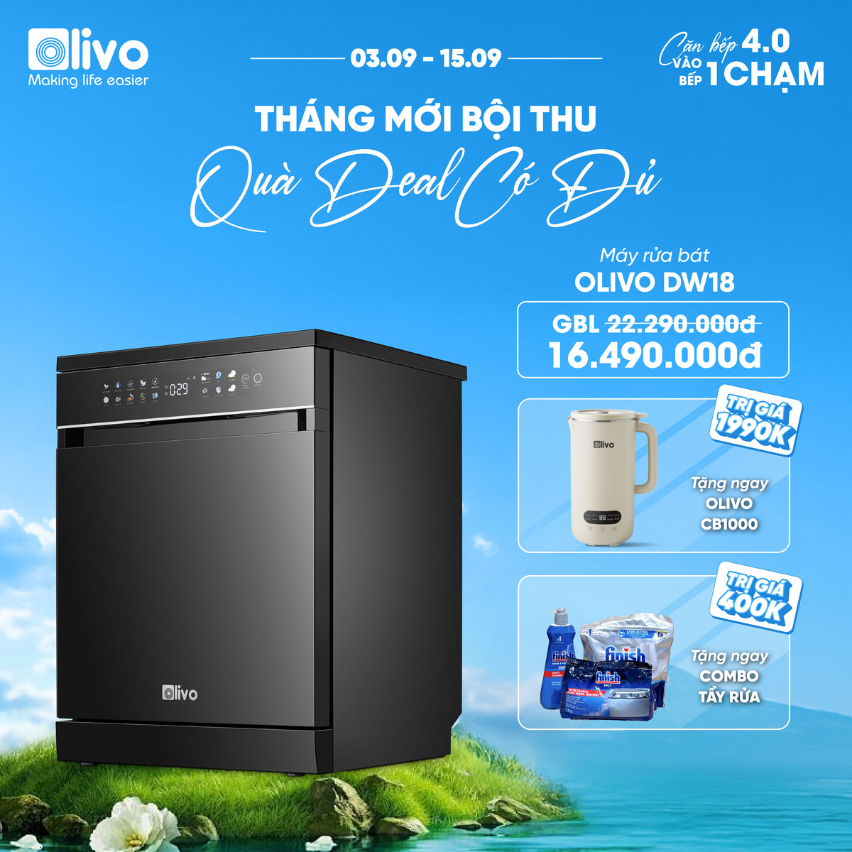 Máy Rửa Bát OLIVO DW18 - 3 Giỏ Linh Hoạt - Tải Trọng 18 Bộ Bát Đĩa - Sấy Turbo EcoDry - Rửa Hydro360 Wash -16 Chương Trình - Khử Khuẩn UV