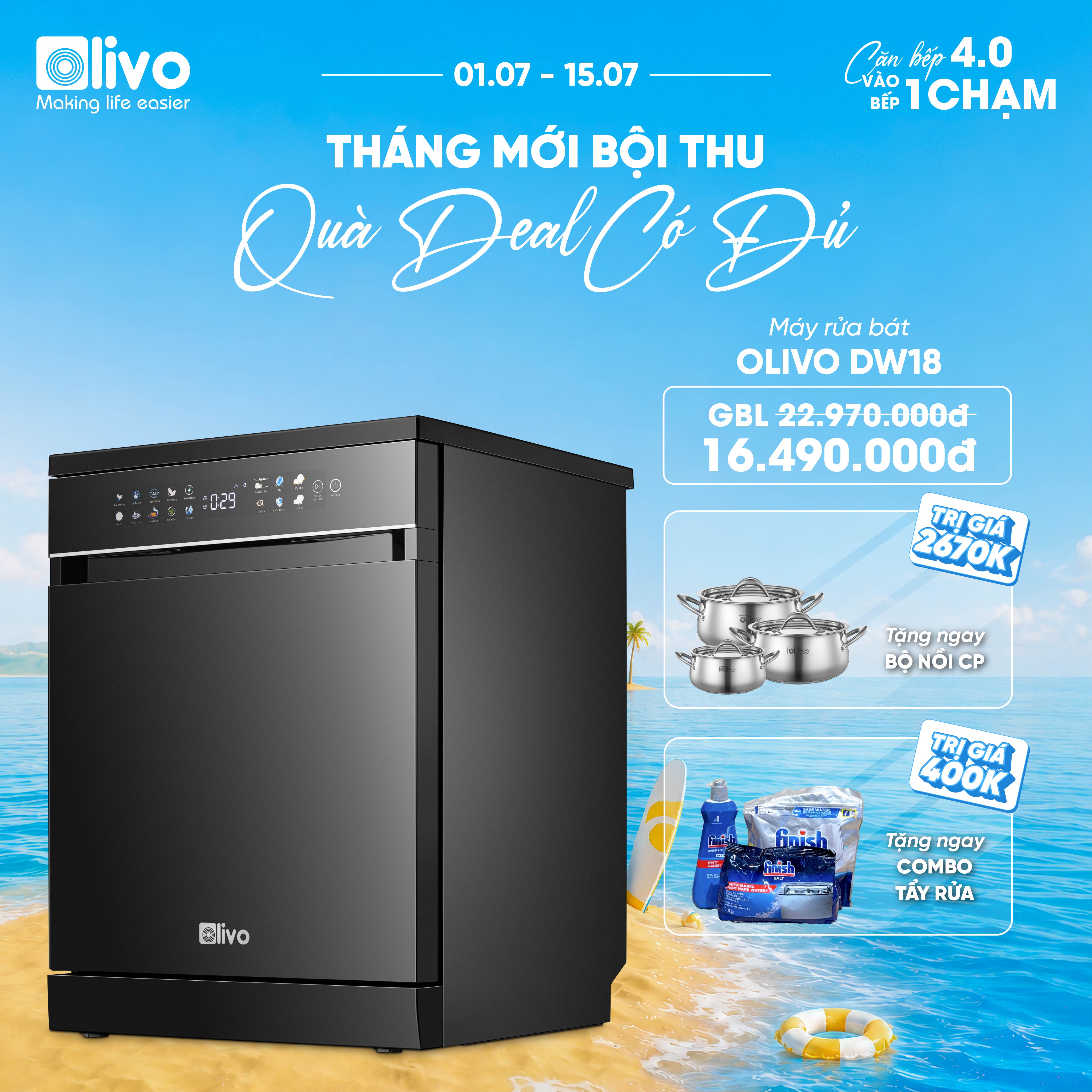Máy Rửa Bát OLIVO DW18 - 3 Giỏ Linh Hoạt - Tải Trọng 18 Bộ Bát Đĩa - Sấy Turbo EcoDry - Rửa Hydro360 Wash -16 Chương Trình - Khử Khuẩn UV