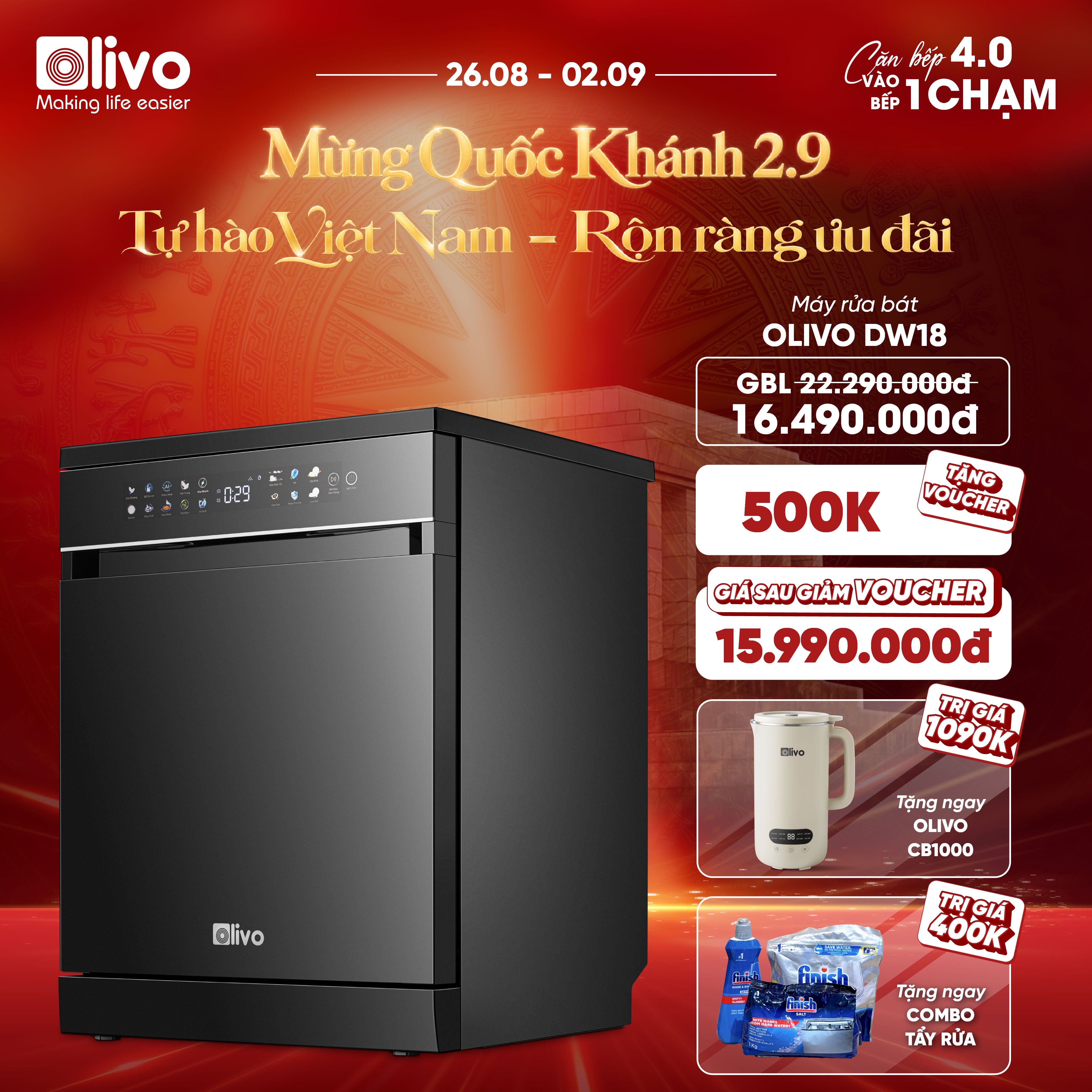 Máy Rửa Bát OLIVO DW18 - 3 Giỏ Linh Hoạt - Tải Trọng 18 Bộ Bát Đĩa - Sấy Turbo EcoDry - Rửa Hydro360 Wash -16 Chương Trình - Khử Khuẩn UV