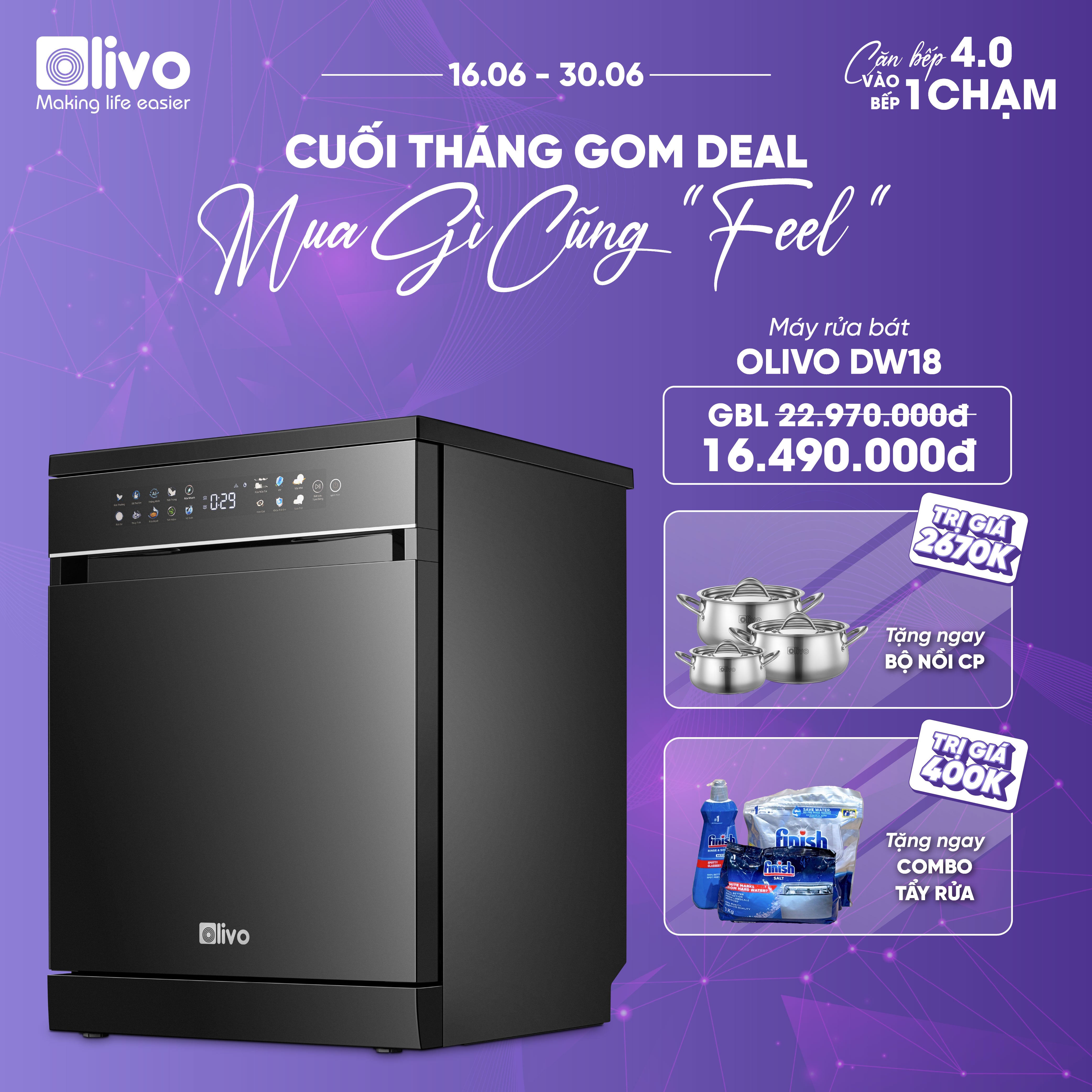 Máy Rửa Bát OLIVO DW18 - 3 Giỏ Linh Hoạt - Tải Trọng 18 Bộ Bát Đĩa - Sấy Turbo EcoDry - Rửa Hydro360 Wash -16 Chương Trình - Khử Khuẩn UV