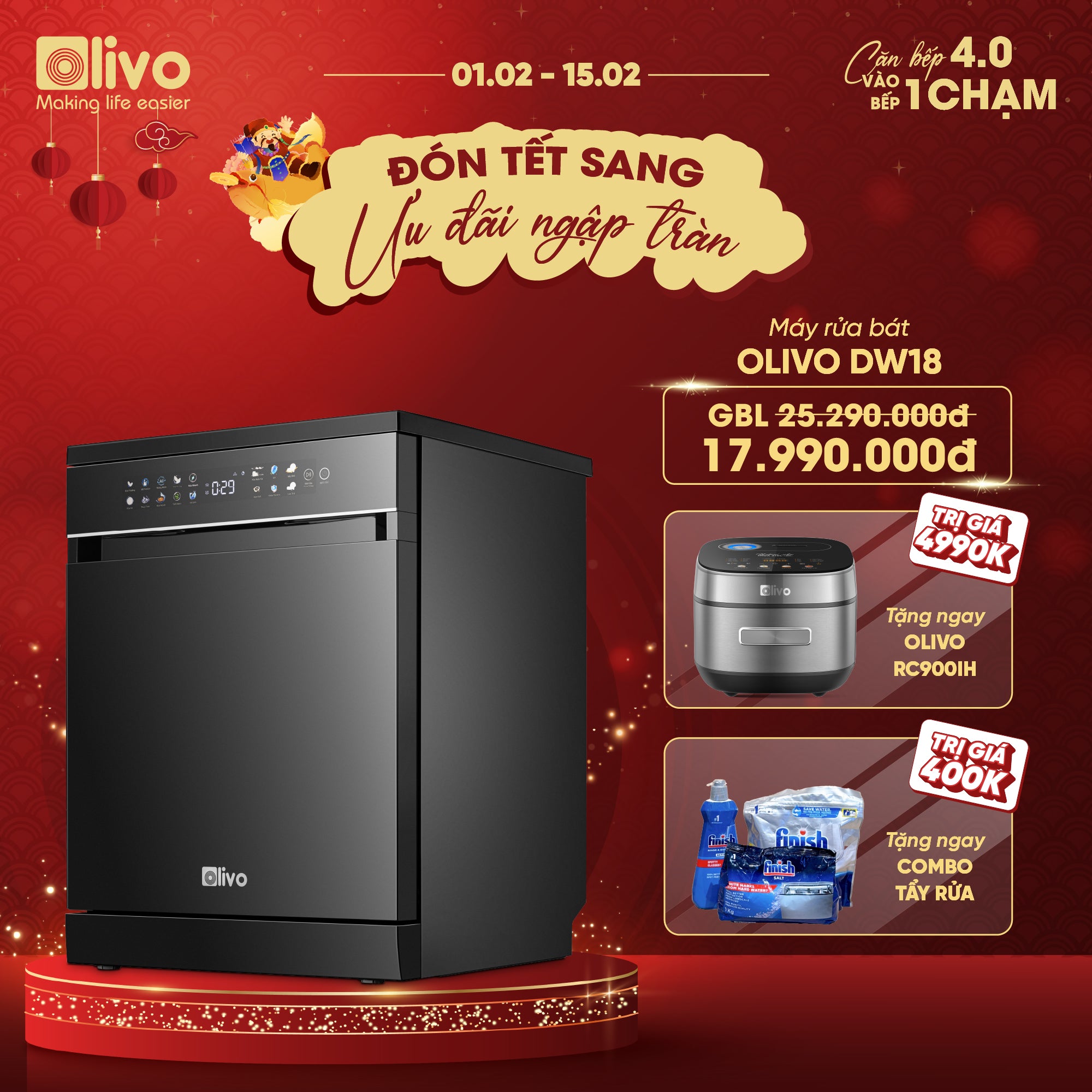 Máy Rửa Bát OLIVO DW18 - 3 Giỏ Linh Hoạt - Tải Trọng 18 Bộ Bát Đĩa - Sấy Turbo EcoDry - Rửa Hydro360 Wash -16 Chương Trình - Khử Khuẩn UV