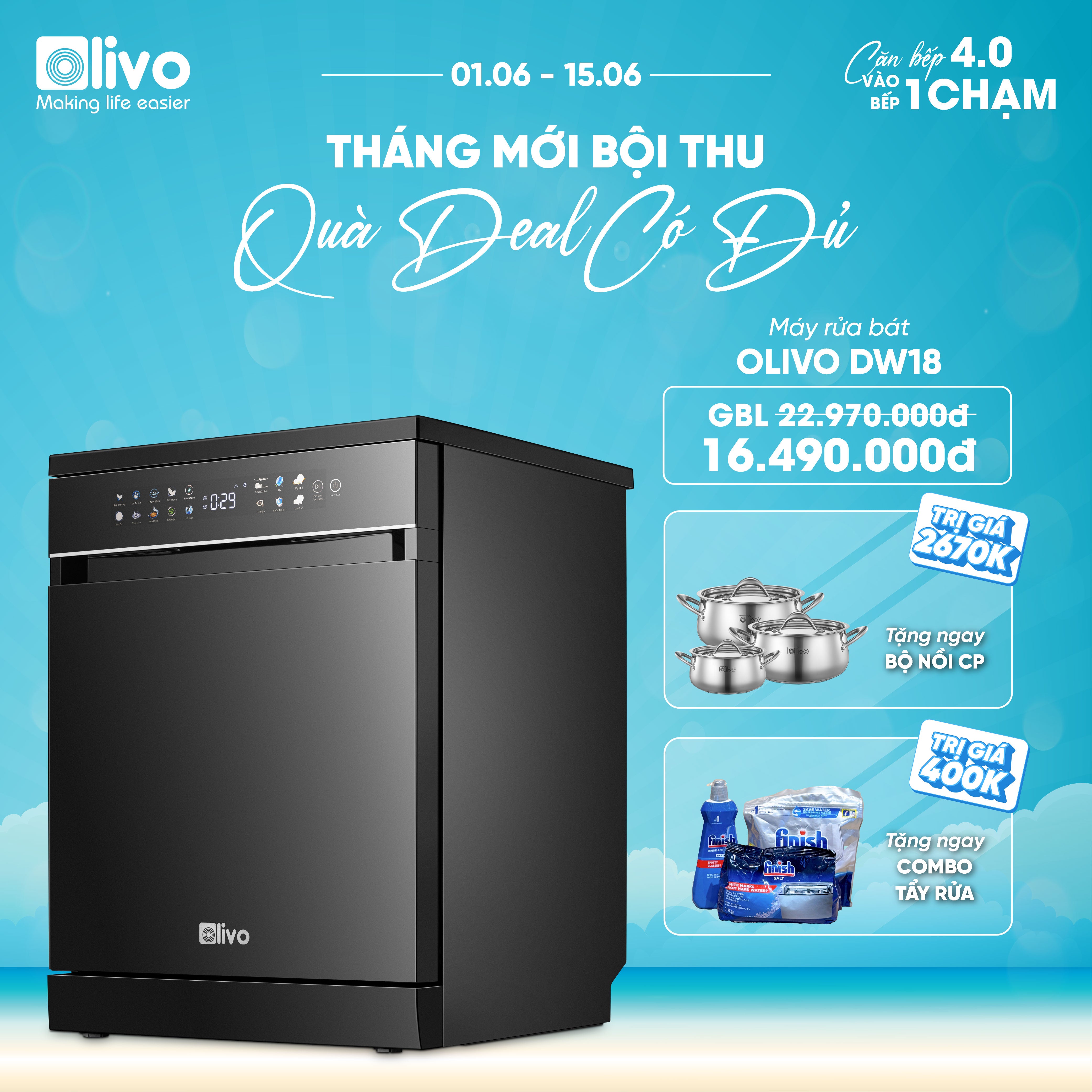 Máy Rửa Bát OLIVO DW18 - 3 Giỏ Linh Hoạt - Tải Trọng 18 Bộ Bát Đĩa - Sấy Turbo EcoDry - Rửa Hydro360 Wash -16 Chương Trình - Khử Khuẩn UV