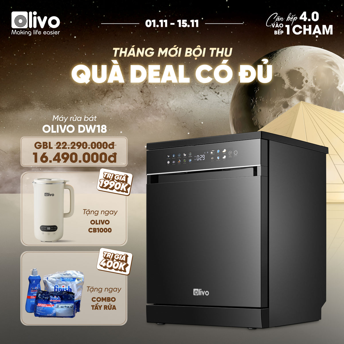 Máy Rửa Bát OLIVO DW18 - 3 Giỏ Linh Hoạt - Tải Trọng 18 Bộ Bát Đĩa - Sấy Turbo EcoDry - Rửa Hydro360 Wash -16 Chương Trình - Khử Khuẩn UV