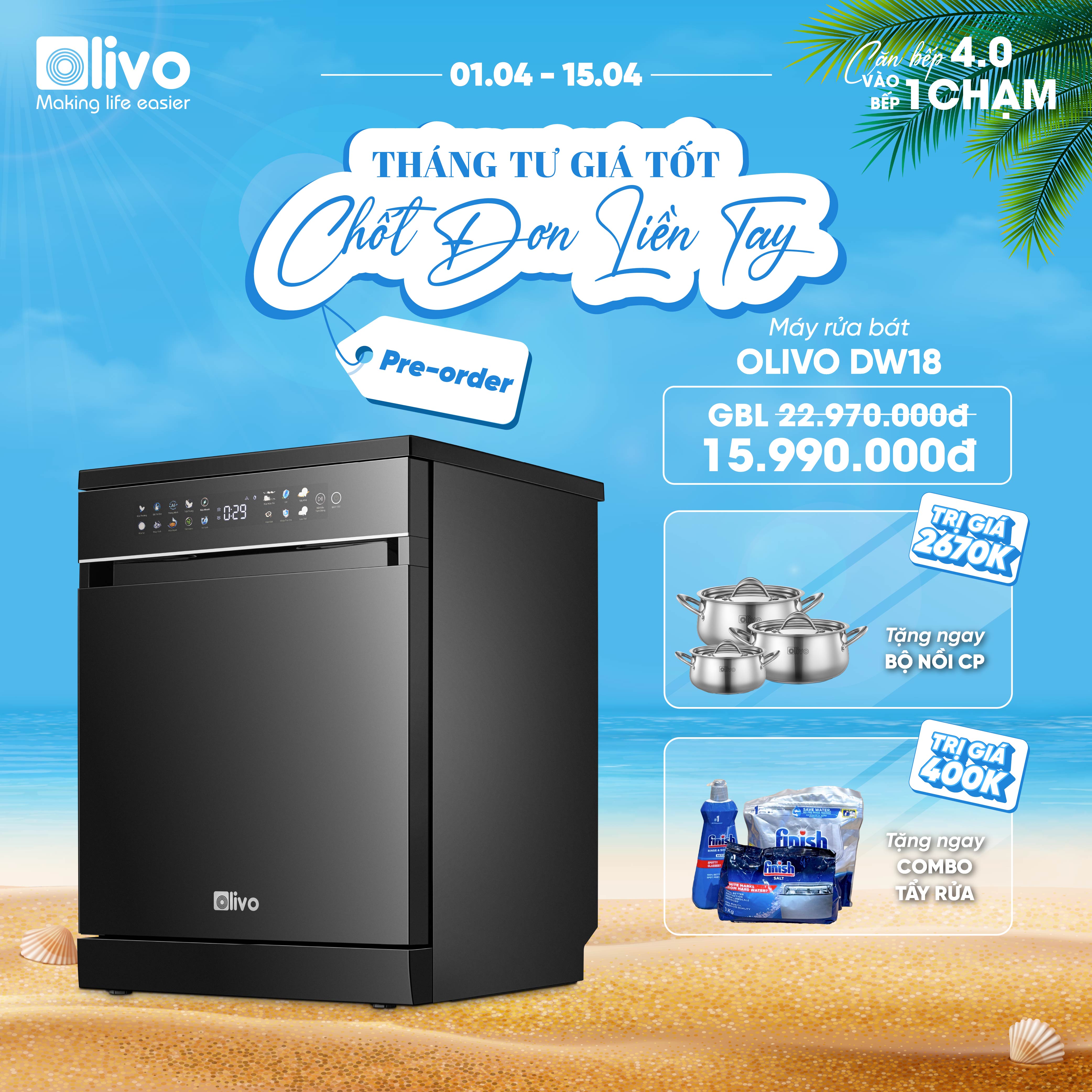 Máy Rửa Bát OLIVO DW18 - 3 Giỏ Linh Hoạt - Tải Trọng 18 Bộ Bát Đĩa - Sấy Turbo EcoDry - Rửa Hydro360 Wash -16 Chương Trình - Khử Khuẩn UV