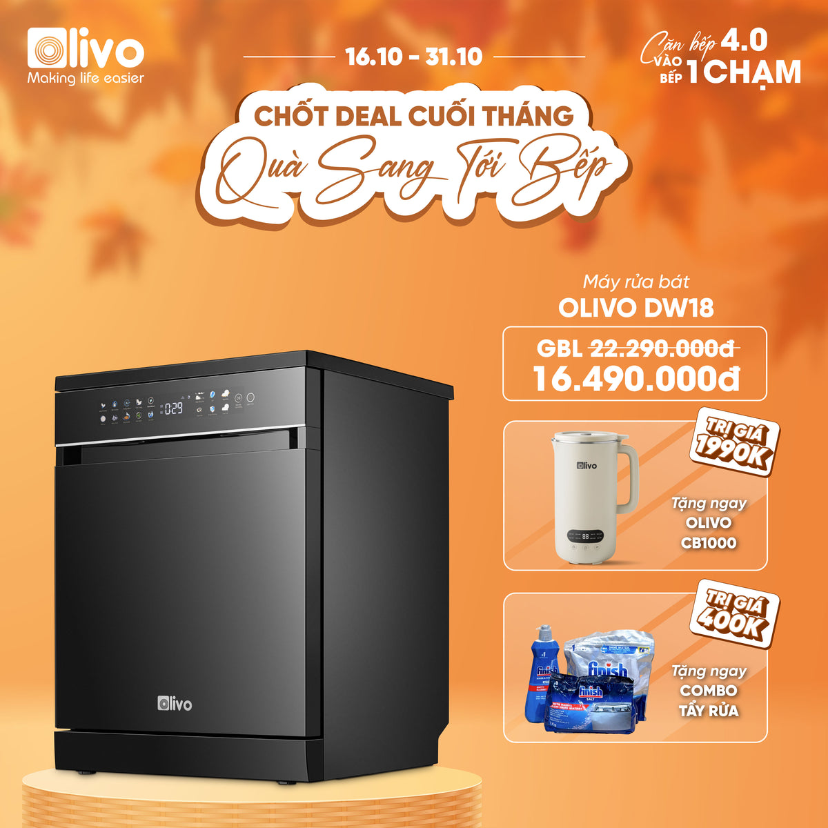 Máy Rửa Bát OLIVO DW18 - 3 Giỏ Linh Hoạt - Tải Trọng 18 Bộ Bát Đĩa - Sấy Turbo EcoDry - Rửa Hydro360 Wash -16 Chương Trình - Khử Khuẩn UV