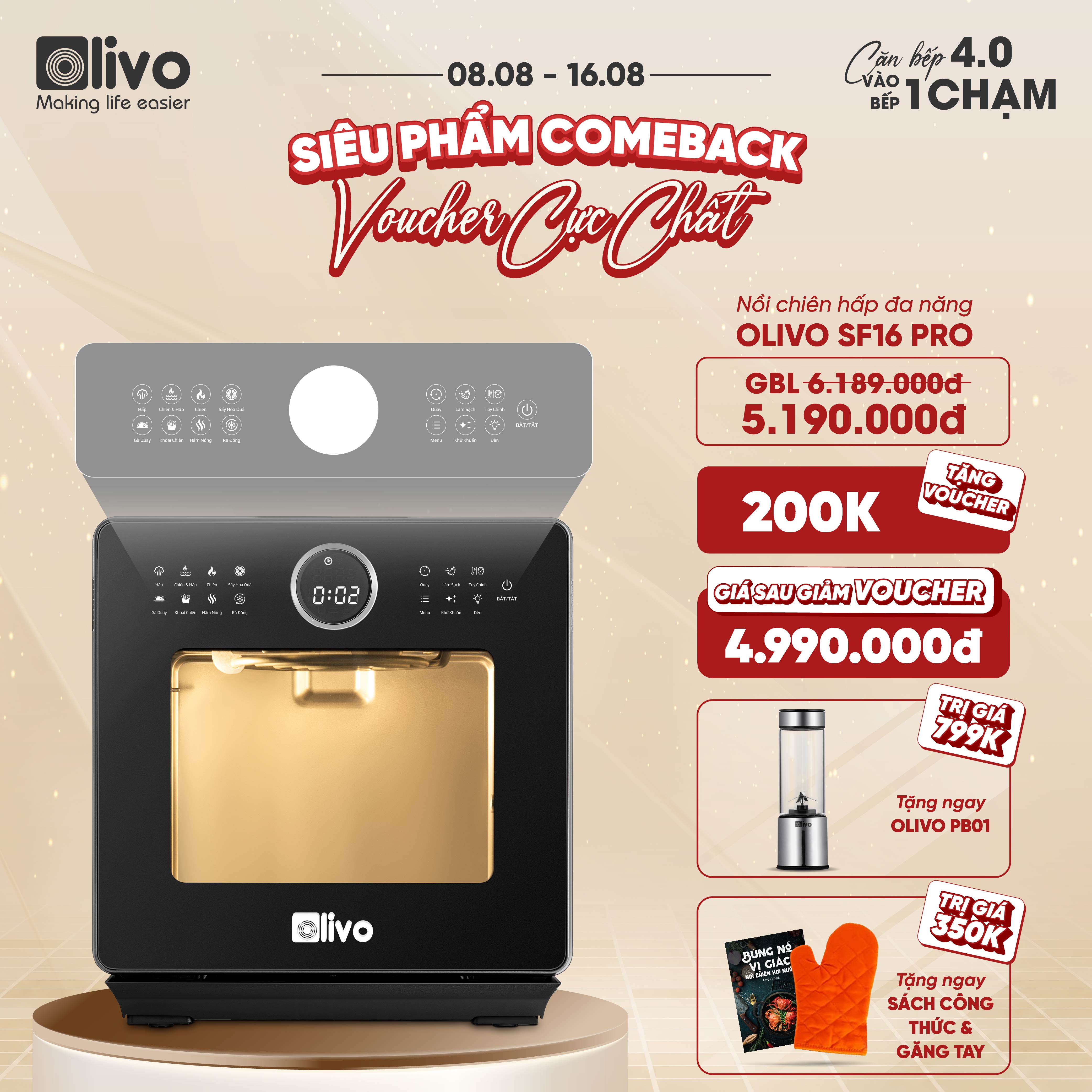 Nồi Chiên Hấp Đa Năng OLIVO SF16 PRO 2025 - 70 Chế Độ Cài Sẵn, Toàn Bộ Khoang Nồi Và Phụ Kiện Bằng Inox 304 Cao Cấp, Dung Tích 16L, Vệ Sinh Dễ Dàng