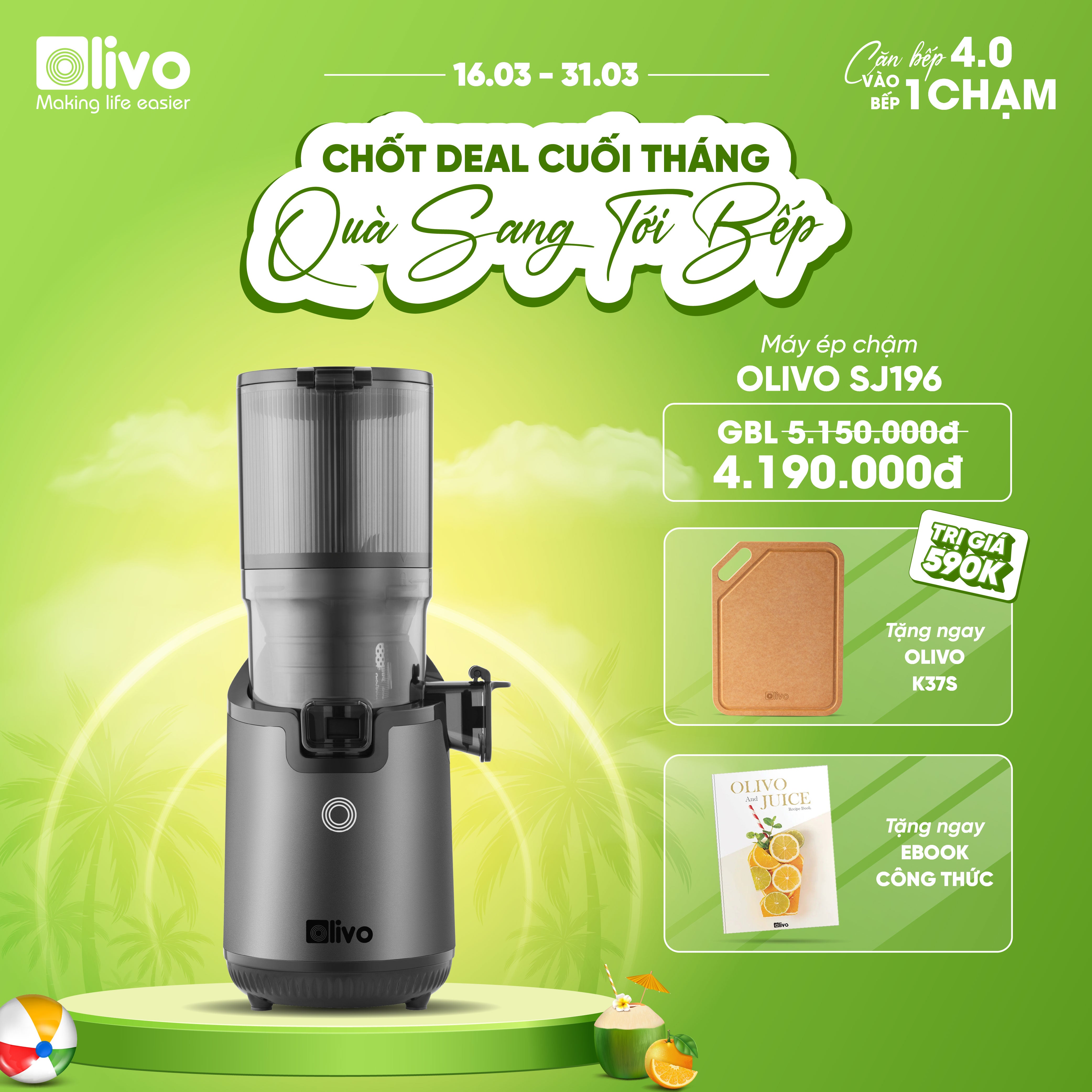 Máy Ép Chậm OLIVO SJ196 Titanium - Ép Trái Cây Nguyên Quả - Động Cơ AC Cao Cấp, Êm Nhất Thị Trường