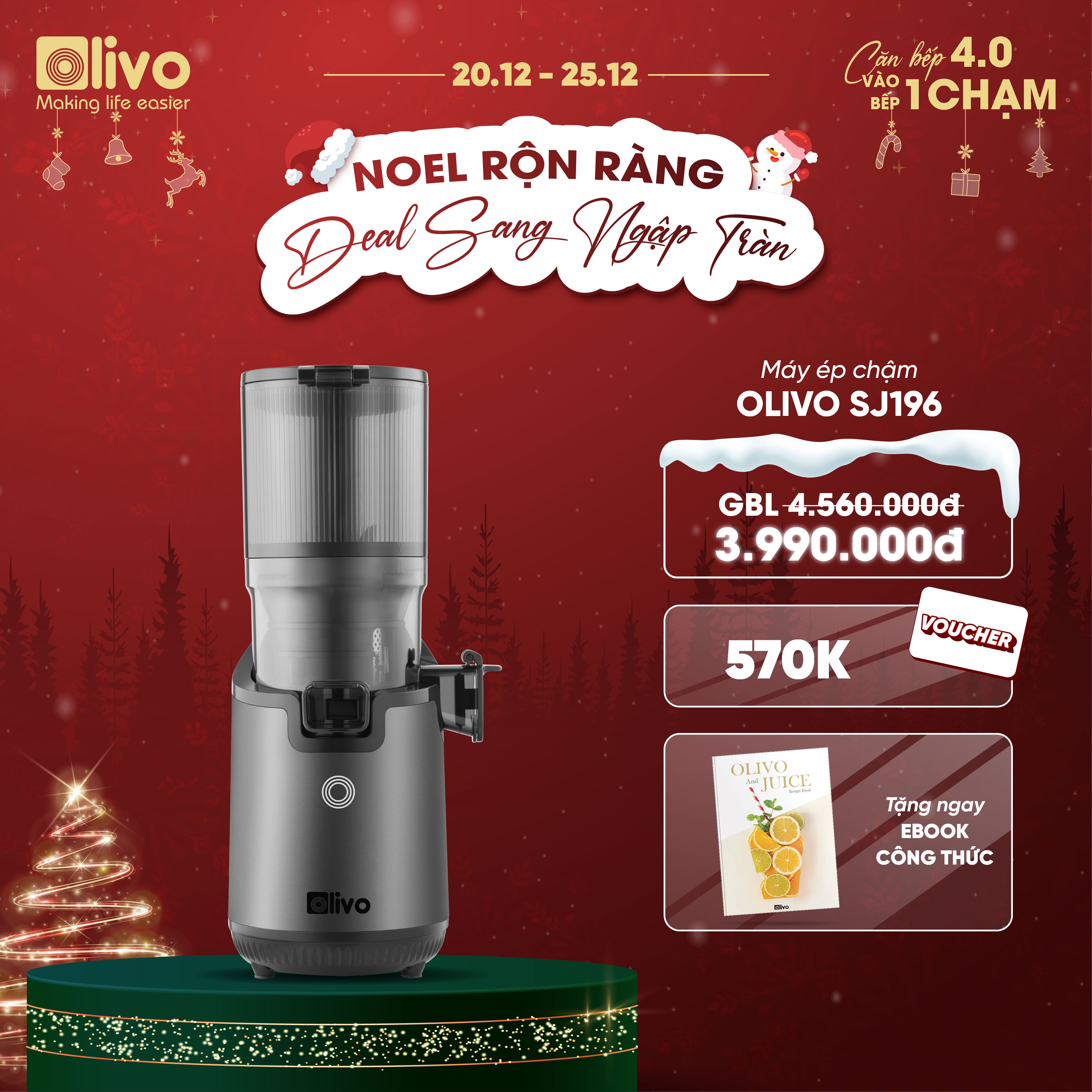 Máy Ép Chậm OLIVO SJ196 Titanium - Ép Trái Cây Nguyên Quả - Động Cơ AC Cao Cấp, Êm Nhất Thị Trường