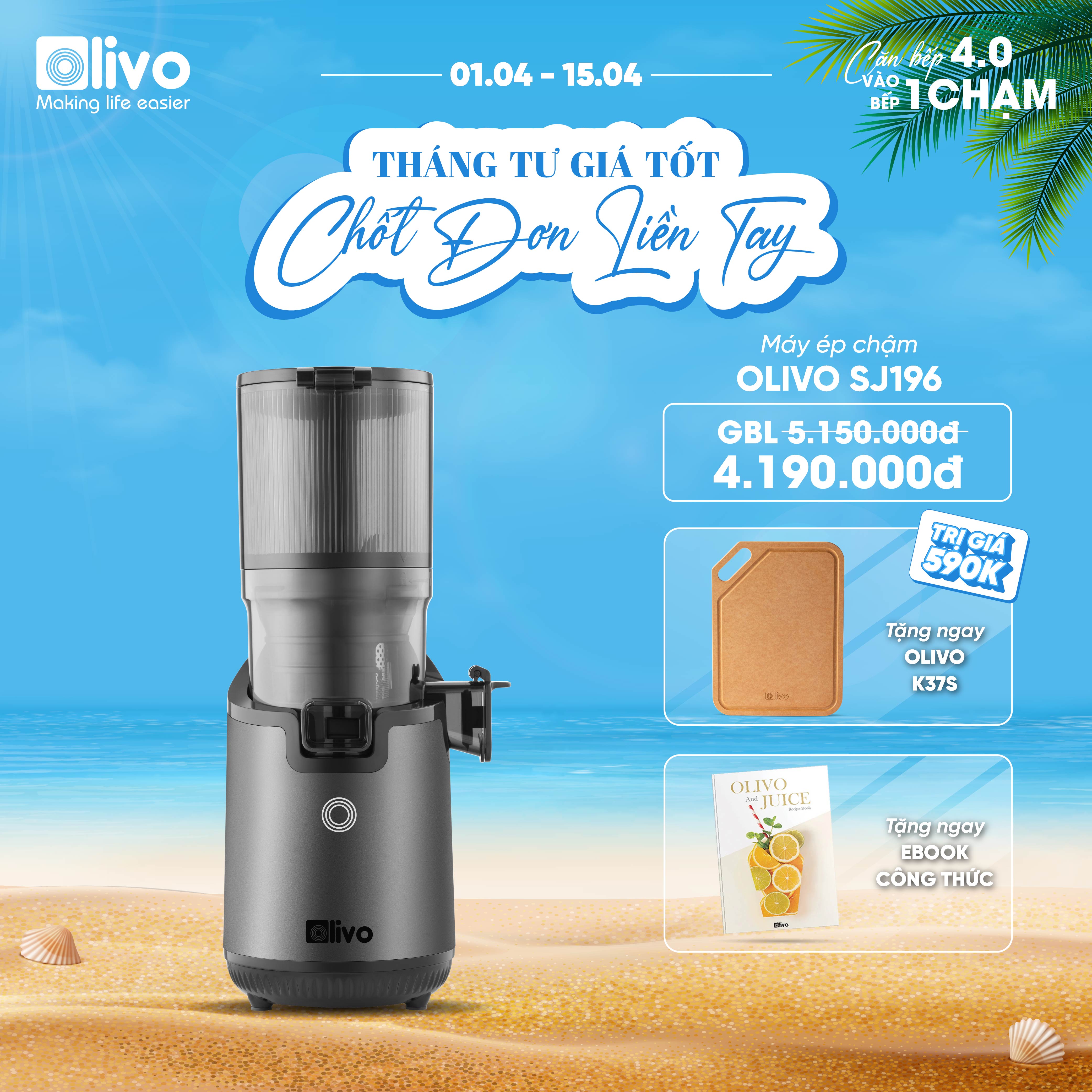 Máy Ép Chậm OLIVO SJ196 Titanium - Ép Trái Cây Nguyên Quả - Động Cơ AC Cao Cấp, Êm Nhất Thị Trường