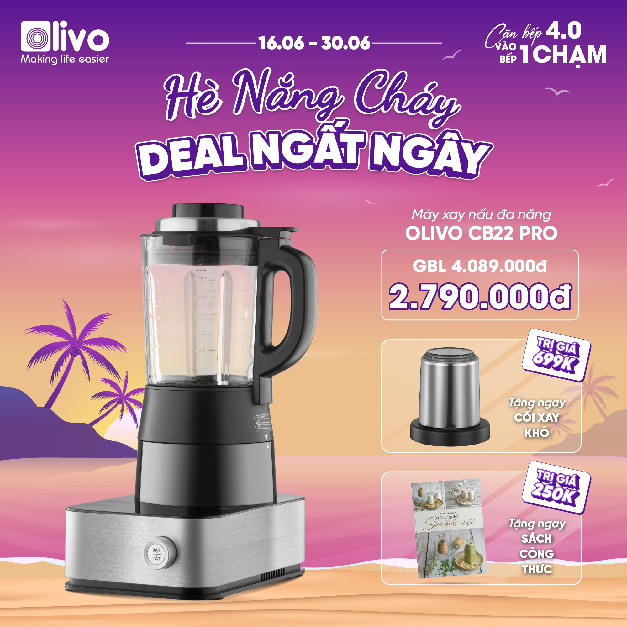 Máy Xay Nấu Cao Cấp OLIVO CB22 PRO - Độ Ồn Thấp Nhất - Chống Trào Tuyệt Đối - Vệ Sinh Khử Khuẩn