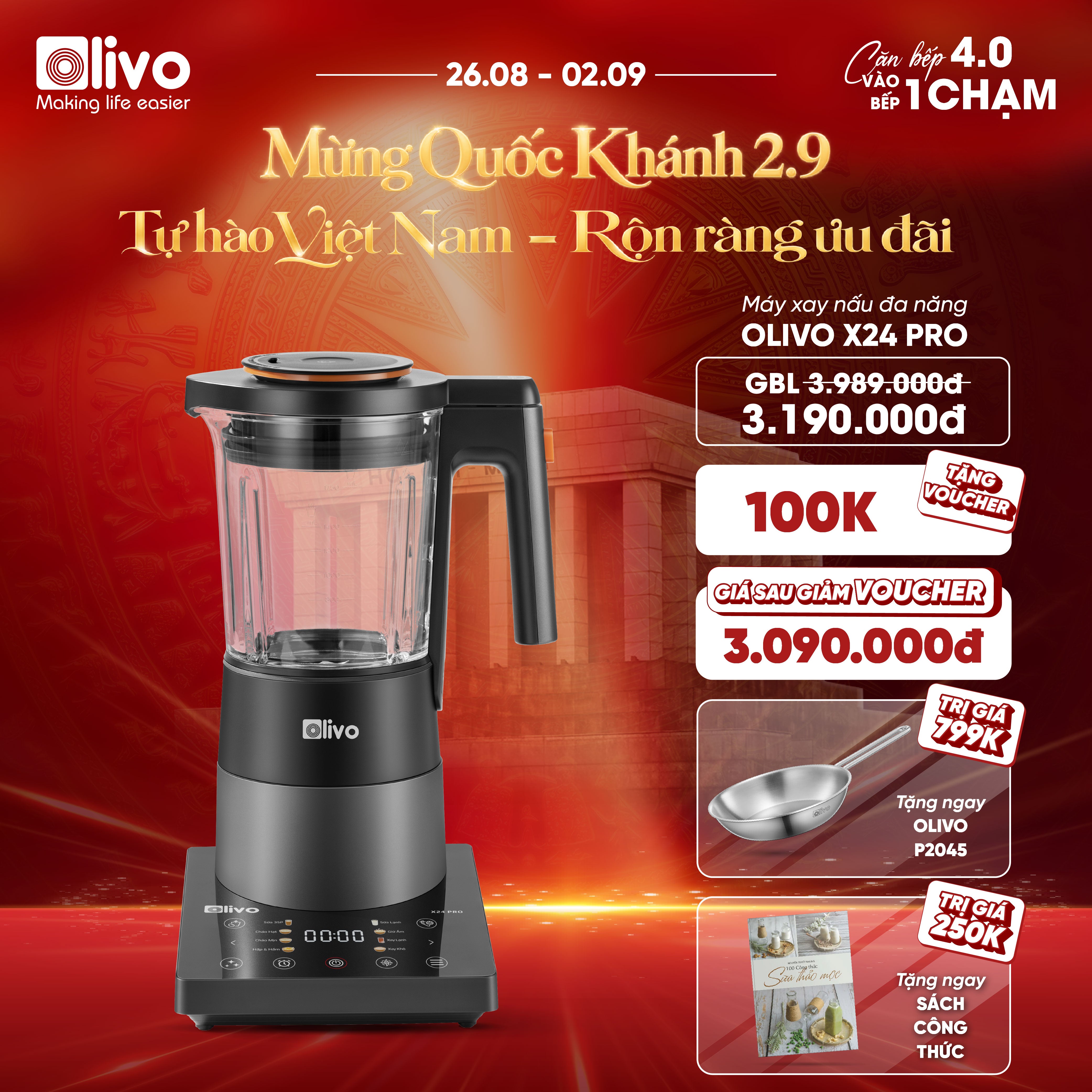 Máy Xay Nấu Đa Năng OLIVO X24 PRO - Đa Chức Năng - Chống Trào Hiệu Quả - Mâm Nhiệt Gốm Chống Dính