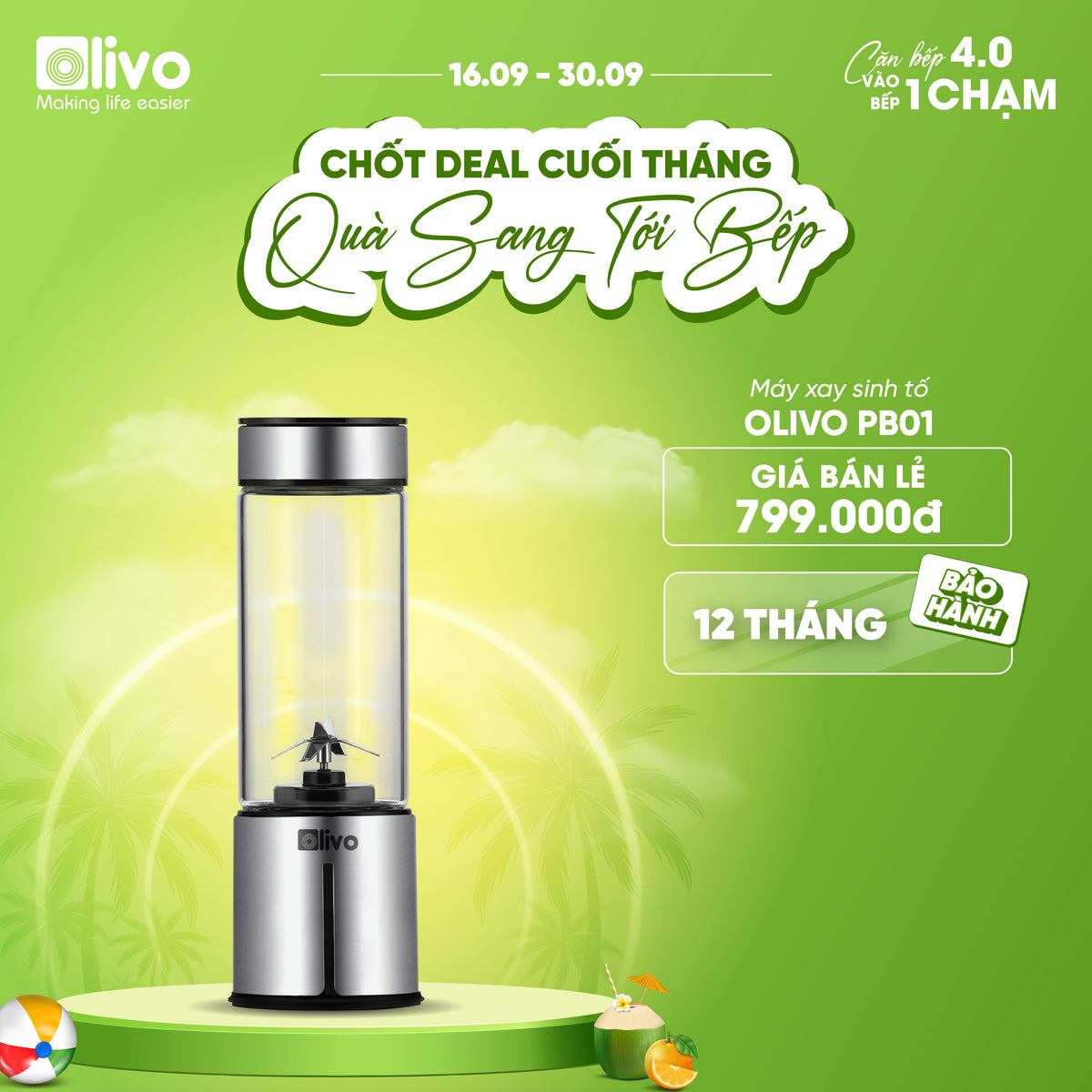 Máy Xay Sinh Tố Cầm Tay OLIVO PB01 – Xay Được Đá Viên, Sạc Pin Sử Dụng Không Cần Dây – Nhỏ Gọn, Cao Cấp, Tiện Lợi, Dung Tích 450ML