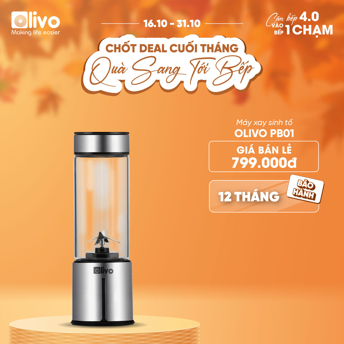 Máy Xay Sinh Tố Cầm Tay OLIVO PB01 – Xay Được Đá Viên, Sạc Pin Sử Dụng Không Cần Dây – Nhỏ Gọn, Cao Cấp, Tiện Lợi, Dung Tích 450ML