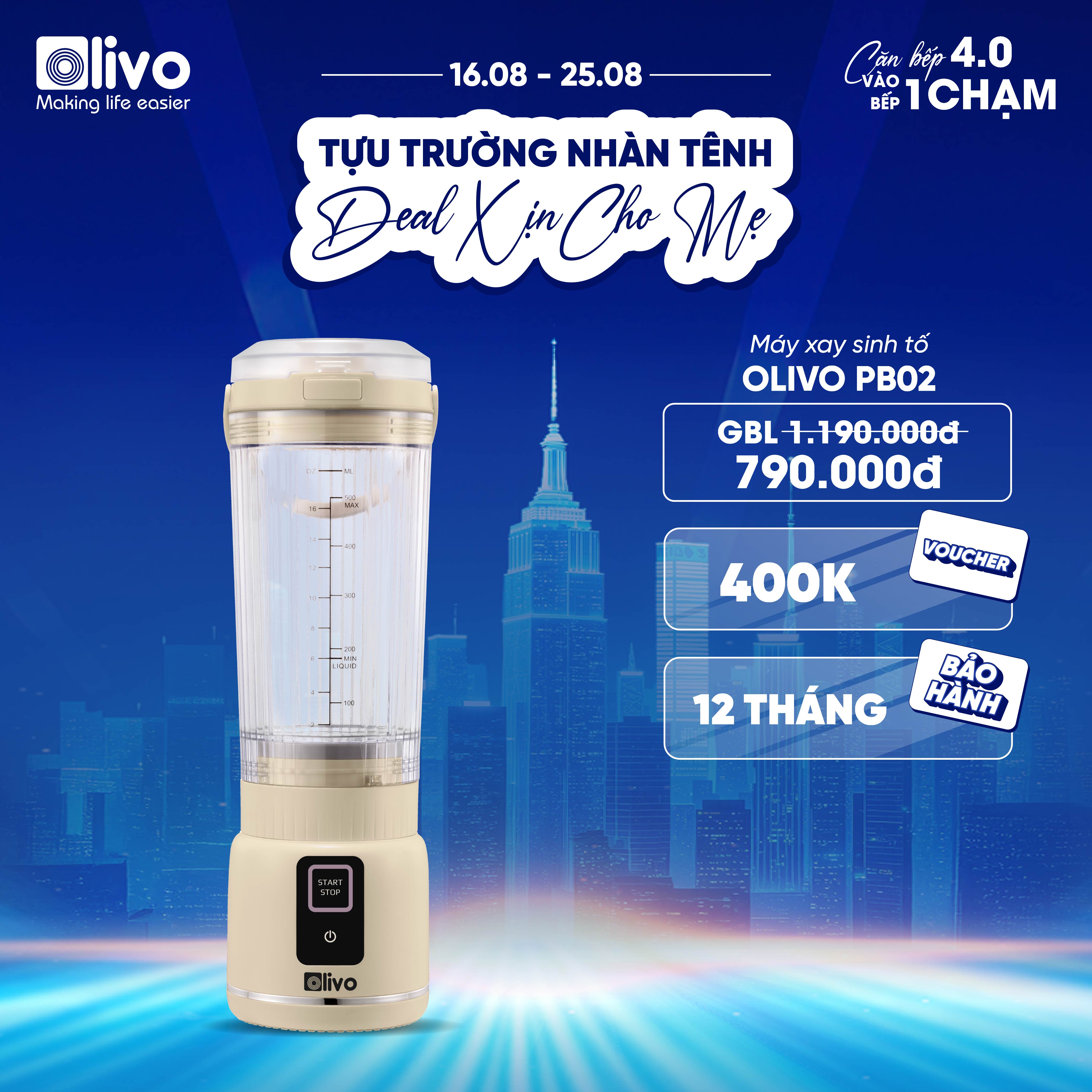 Máy Xay Sinh Tố Cầm Tay OLIVO PB02 - Pin Sạc Bền Bỉ - Nắp Đế Thay Thế - Quai Cầm Tiện Lợi - Dễ Dàng Vệ Sinh - Dung Tích 500ML - Công Suất 100W