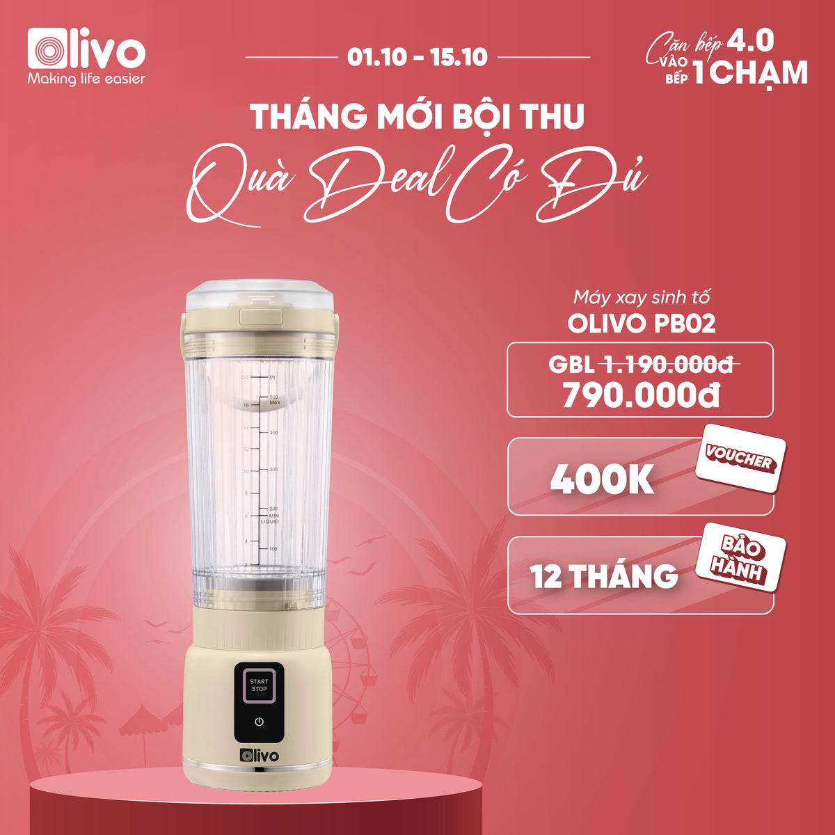 Máy Xay Sinh Tố Cầm Tay OLIVO PB02 - Pin Sạc Bền Bỉ - Nắp Đế Thay Thế - Quai Cầm Tiện Lợi - Dễ Dàng Vệ Sinh - Dung Tích 500ML - Công Suất 100W