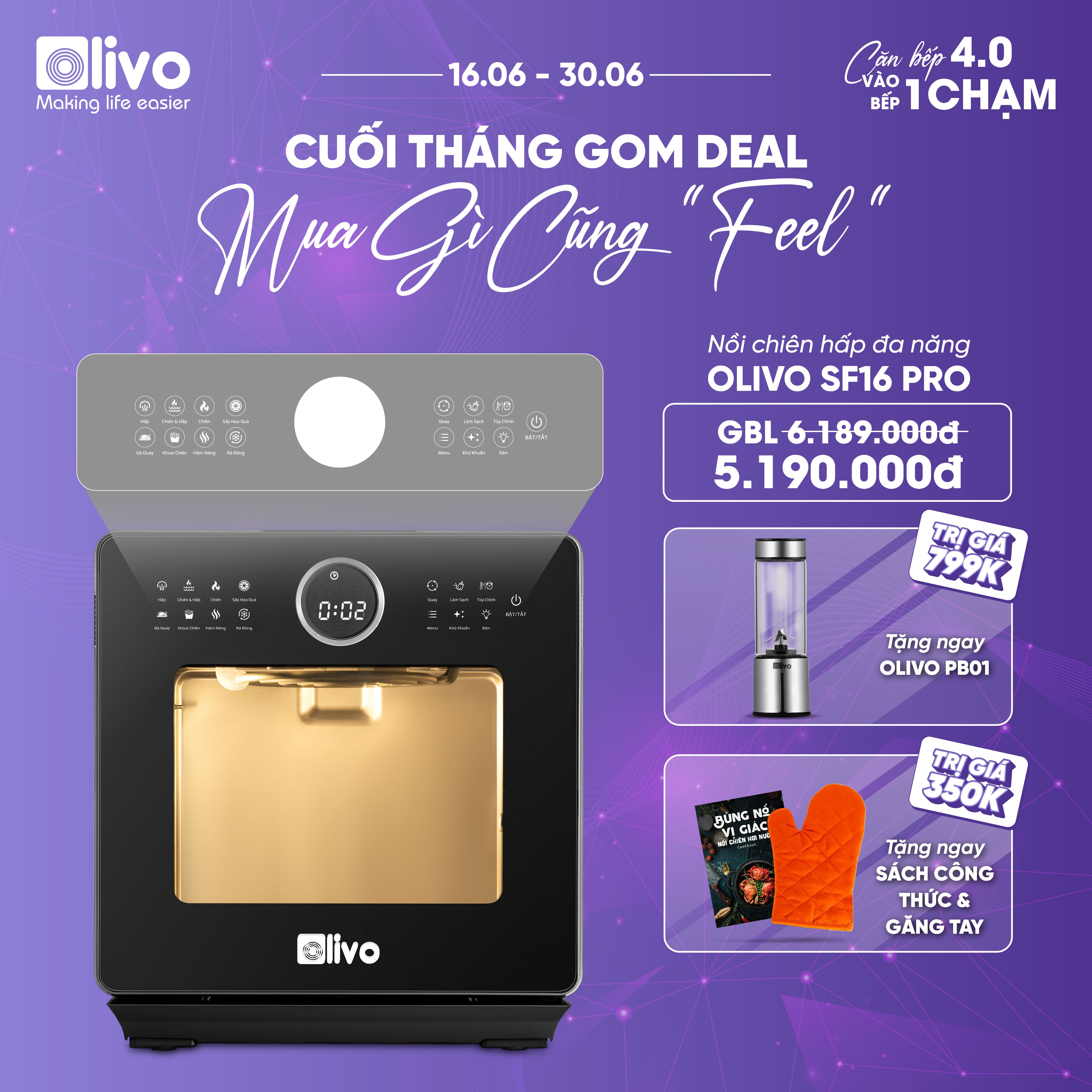 Nồi Chiên Hấp Đa Năng OLIVO SF16 PRO 2025 - 70 Chế Độ Cài Sẵn, Toàn Bộ Khoang Nồi Và Phụ Kiện Bằng Inox 304 Cao Cấp, Dung Tích 16L, Vệ Sinh Dễ Dàng