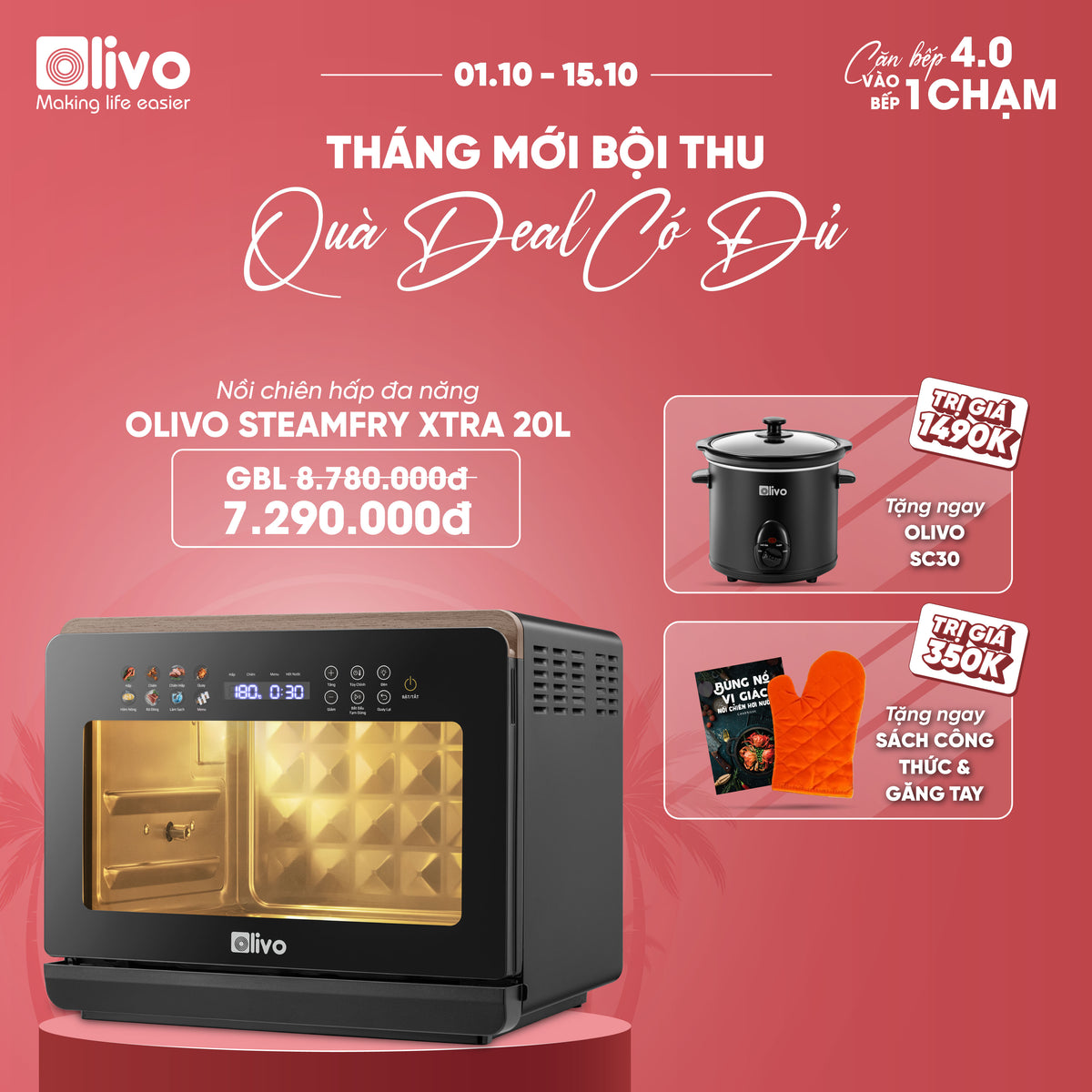 Nồi Chiên Hấp Đa Năng OLIVO SteamFry Xtra – Phiên Bản Cao Cấp, Bảng Điều Khiển OLED, Dung tích vượt trội 20L, Hấp Nano Steam/Chiên Eco Fry thế hệ thứ 2, 70 Chế Độ Cài Sẵn, Vệ Sinh Dễ Dàng