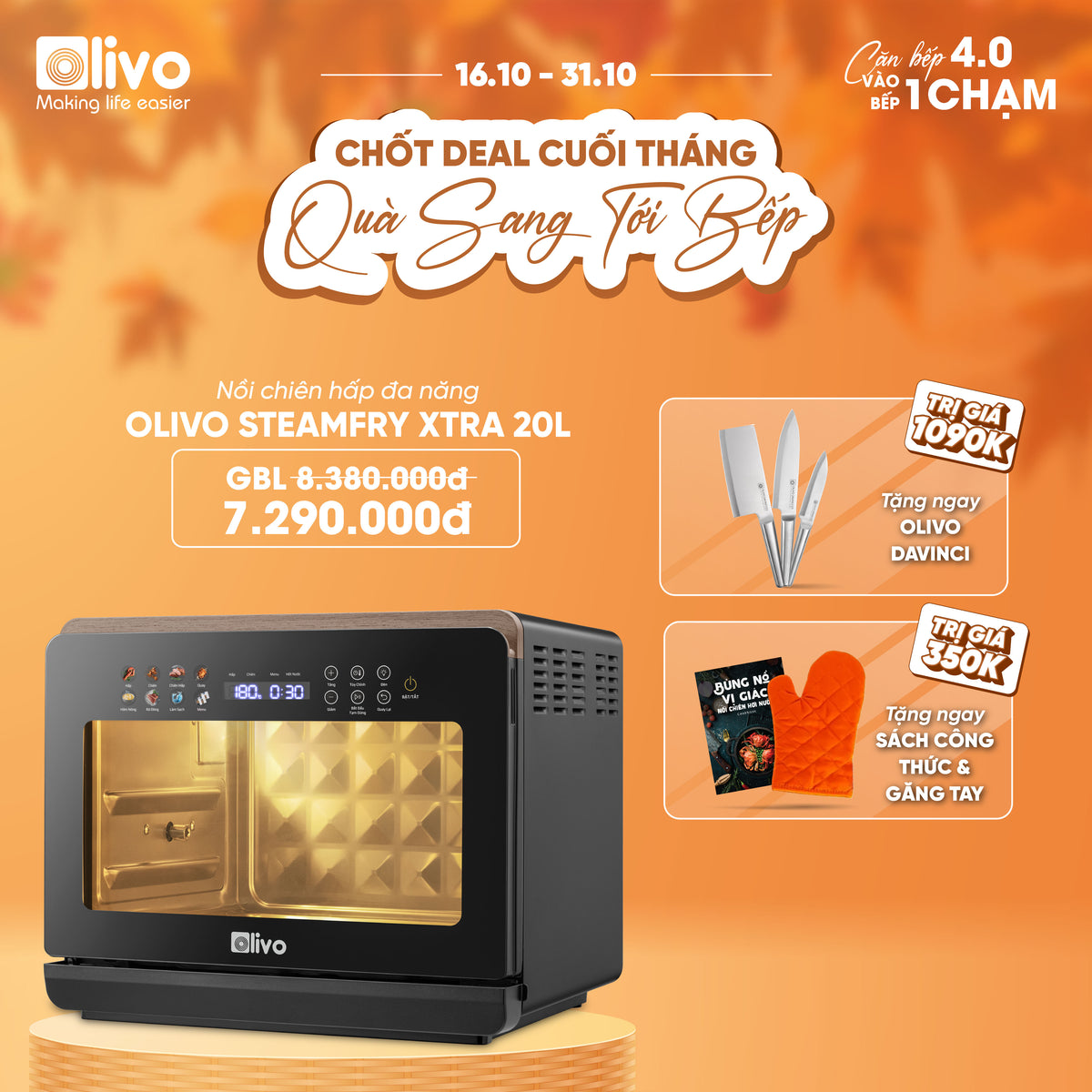Nồi Chiên Hấp Đa Năng OLIVO SteamFry Xtra – Phiên Bản Cao Cấp, Bảng Điều Khiển OLED, Dung tích vượt trội 20L, Hấp Nano Steam/Chiên Eco Fry thế hệ thứ 2, 70 Chế Độ Cài Sẵn, Vệ Sinh Dễ Dàng