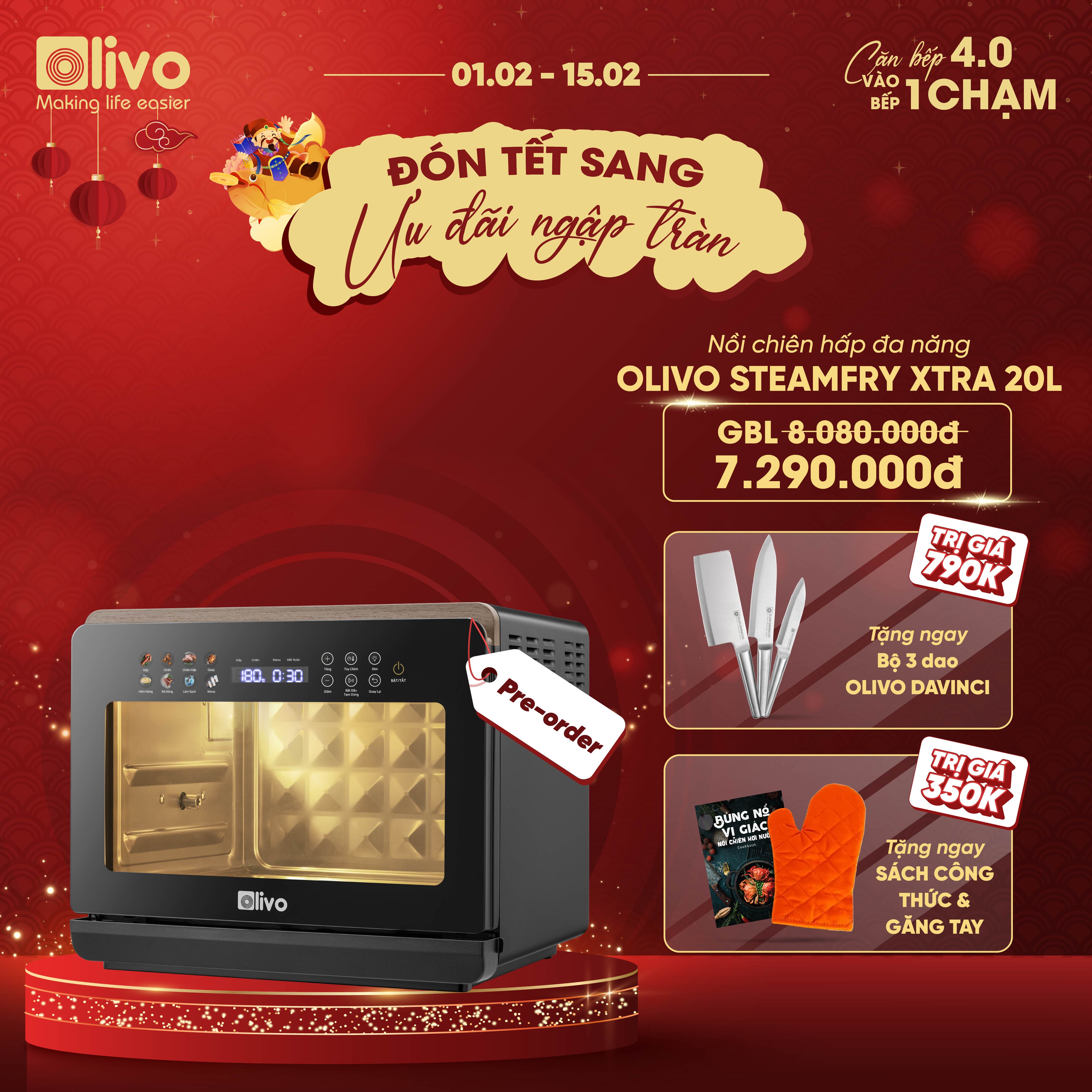 Nồi Chiên Hấp Đa Năng OLIVO SteamFry Xtra – Phiên Bản Cao Cấp, Bảng Điều Khiển OLED, Dung tích vượt trội 20L, Hấp Nano Steam/Chiên Eco Fry thế hệ thứ 2, 70 Chế Độ Cài Sẵn, Vệ Sinh Dễ Dàng