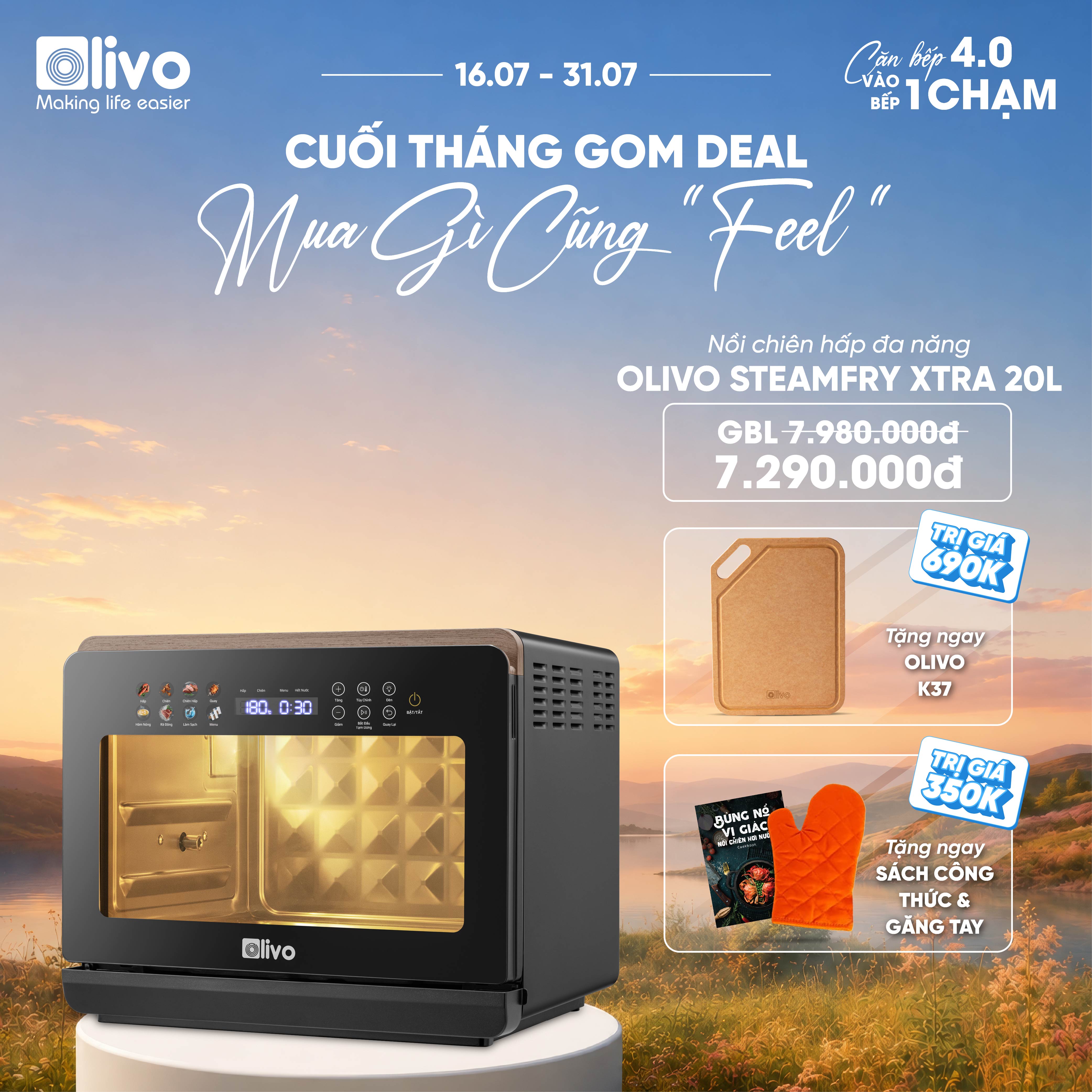 Nồi Chiên Hấp Đa Năng OLIVO SteamFry Xtra – Phiên Bản Cao Cấp, Bảng Điều Khiển OLED, Dung tích vượt trội 20L, Hấp Nano Steam/Chiên Eco Fry thế hệ thứ 2, 70 Chế Độ Cài Sẵn, Vệ Sinh Dễ Dàng