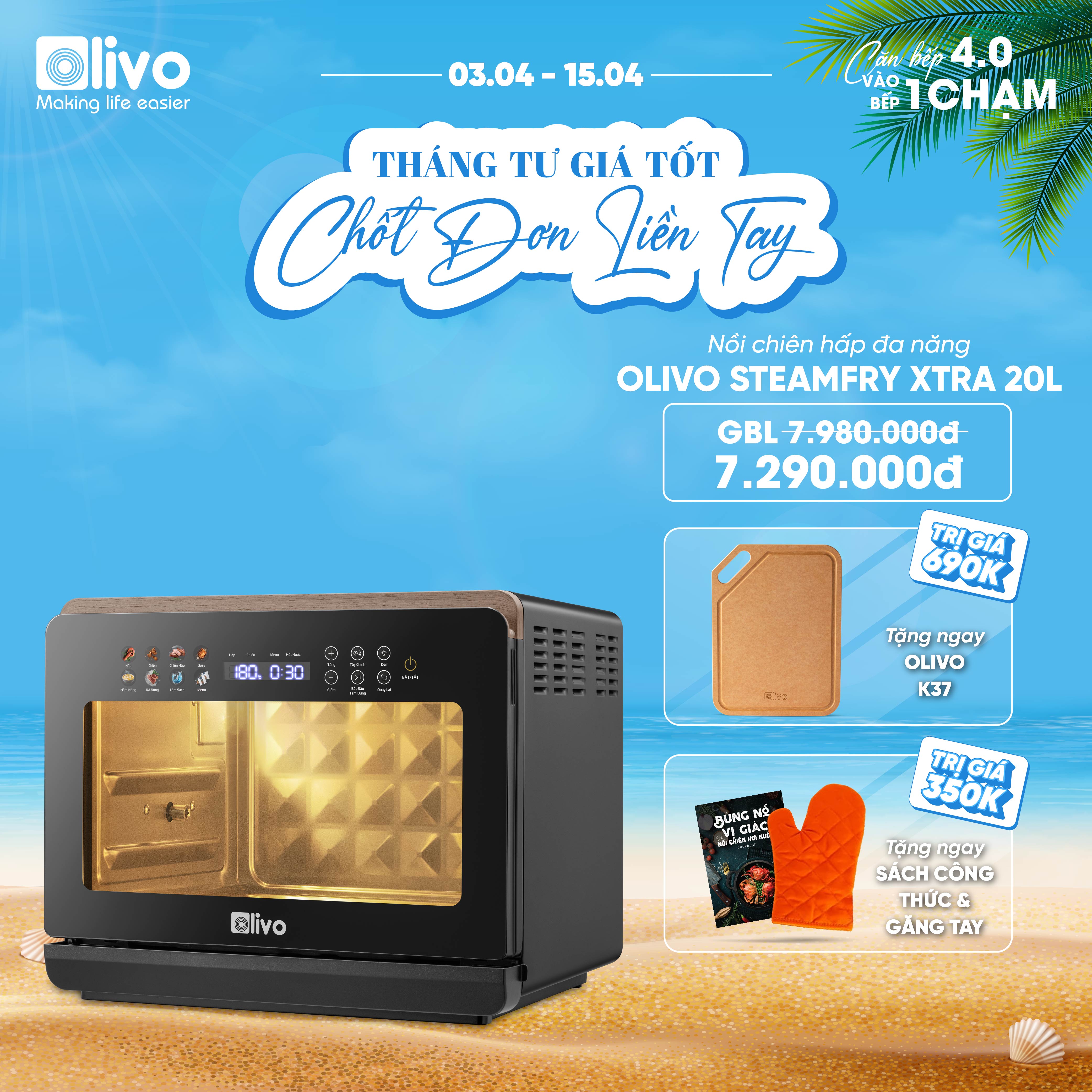 Nồi Chiên Hấp Đa Năng OLIVO SteamFry Xtra – Phiên Bản Cao Cấp, Bảng Điều Khiển OLED, Dung tích vượt trội 20L, Hấp Nano Steam/Chiên Eco Fry thế hệ thứ 2, 70 Chế Độ Cài Sẵn, Vệ Sinh Dễ Dàng