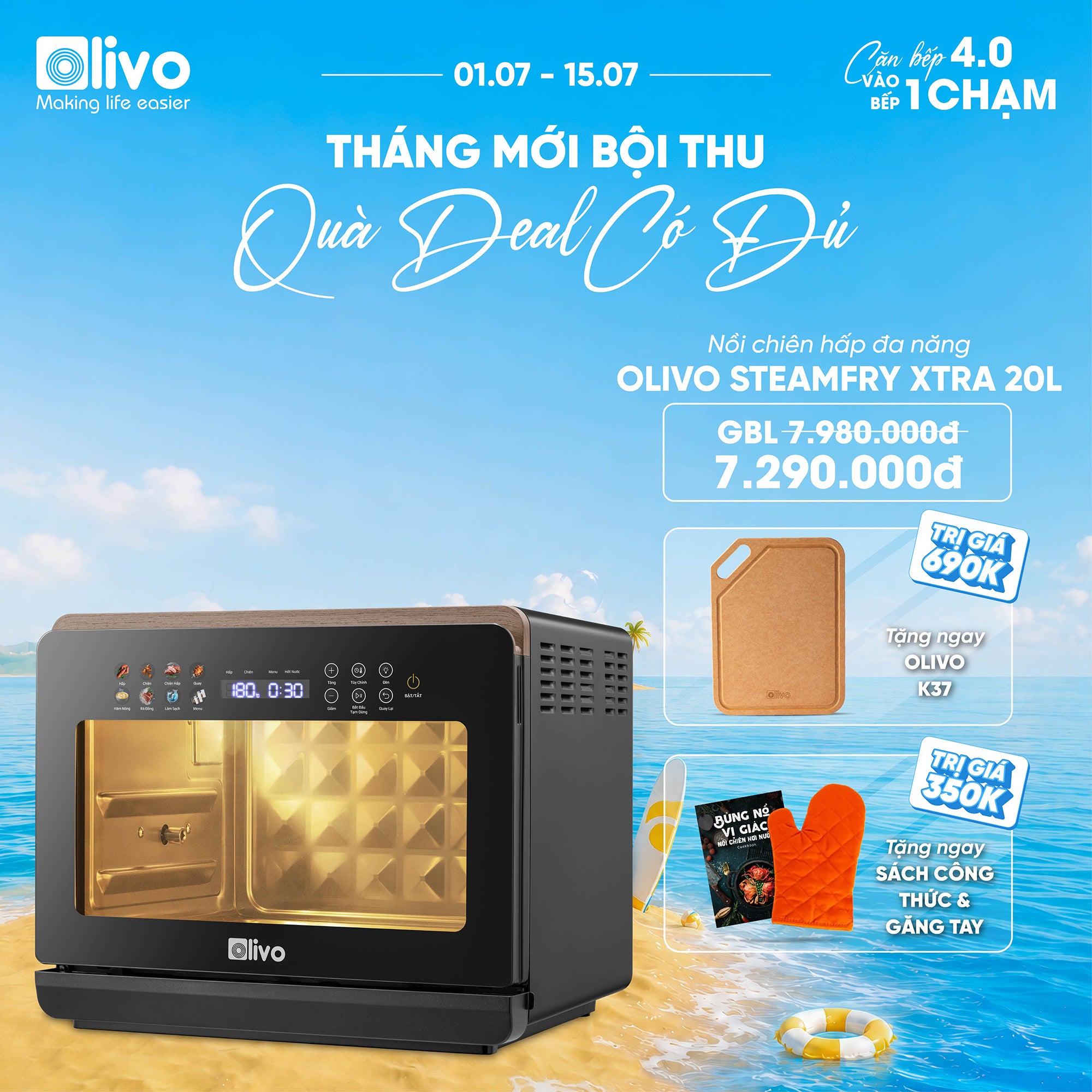Nồi Chiên Hấp Đa Năng OLIVO SteamFry Xtra – Phiên Bản Cao Cấp, Bảng Điều Khiển OLED, Dung tích vượt trội 20L, Hấp Nano Steam/Chiên Eco Fry thế hệ thứ 2, 70 Chế Độ Cài Sẵn, Vệ Sinh Dễ Dàng
