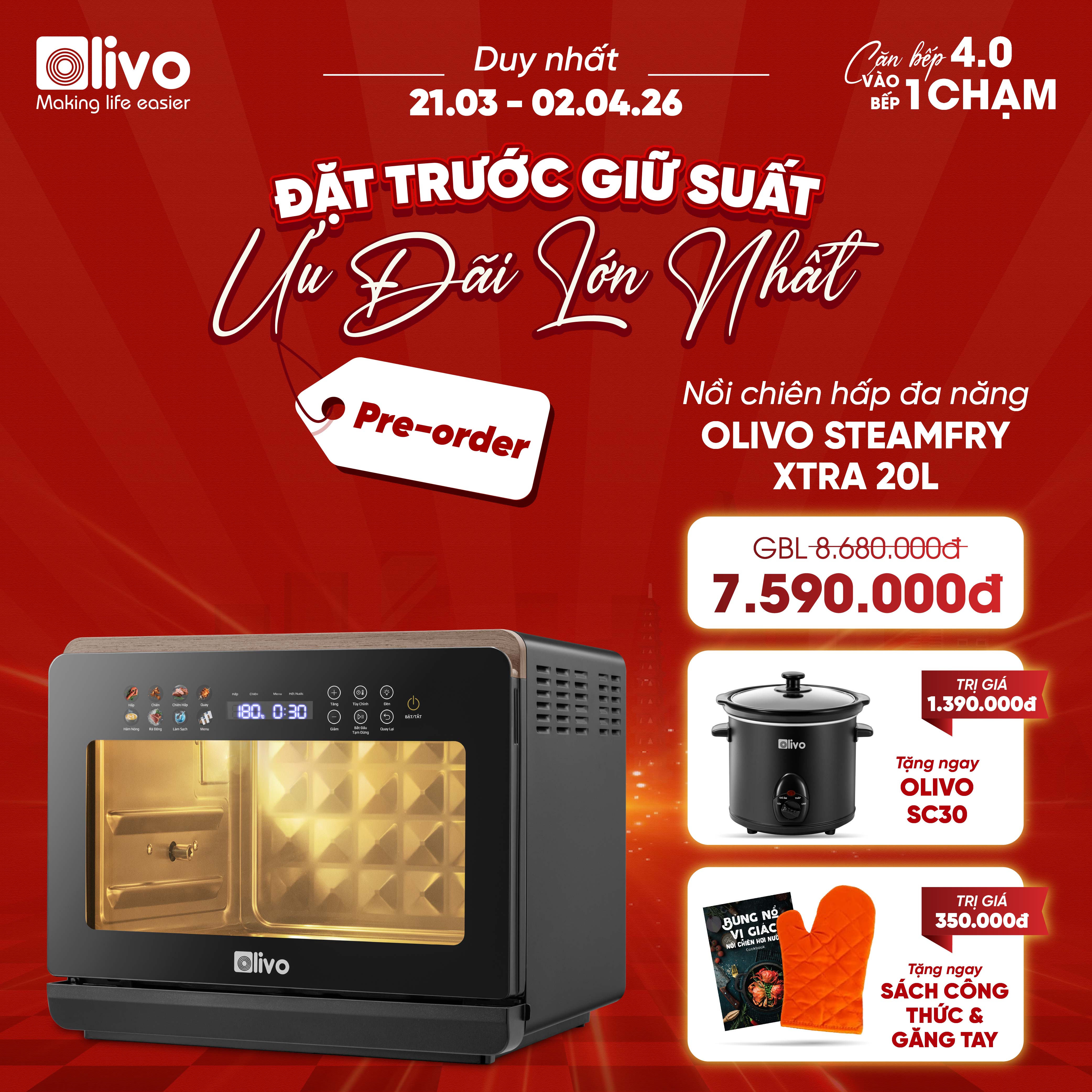 Nồi Chiên Hấp Đa Năng OLIVO SteamFry Xtra – Phiên Bản Cao Cấp, Bảng Điều Khiển OLED, Dung tích vượt trội 20L, Hấp Nano Steam/Chiên Eco Fry thế hệ thứ 2, 70 Chế Độ Cài Sẵn, Vệ Sinh Dễ Dàng