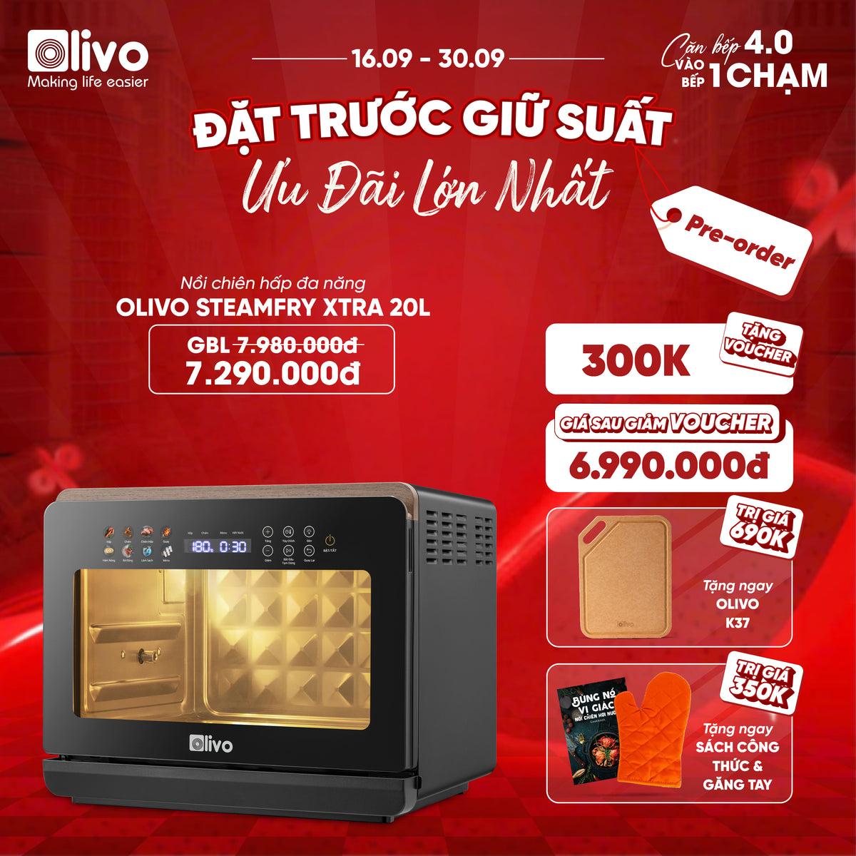 Nồi Chiên Hấp Đa Năng OLIVO SteamFry Xtra – Phiên Bản Cao Cấp, Bảng Điều Khiển OLED, Dung tích vượt trội 20L, Hấp Nano Steam/Chiên Eco Fry thế hệ thứ 2, 70 Chế Độ Cài Sẵn, Vệ Sinh Dễ Dàng