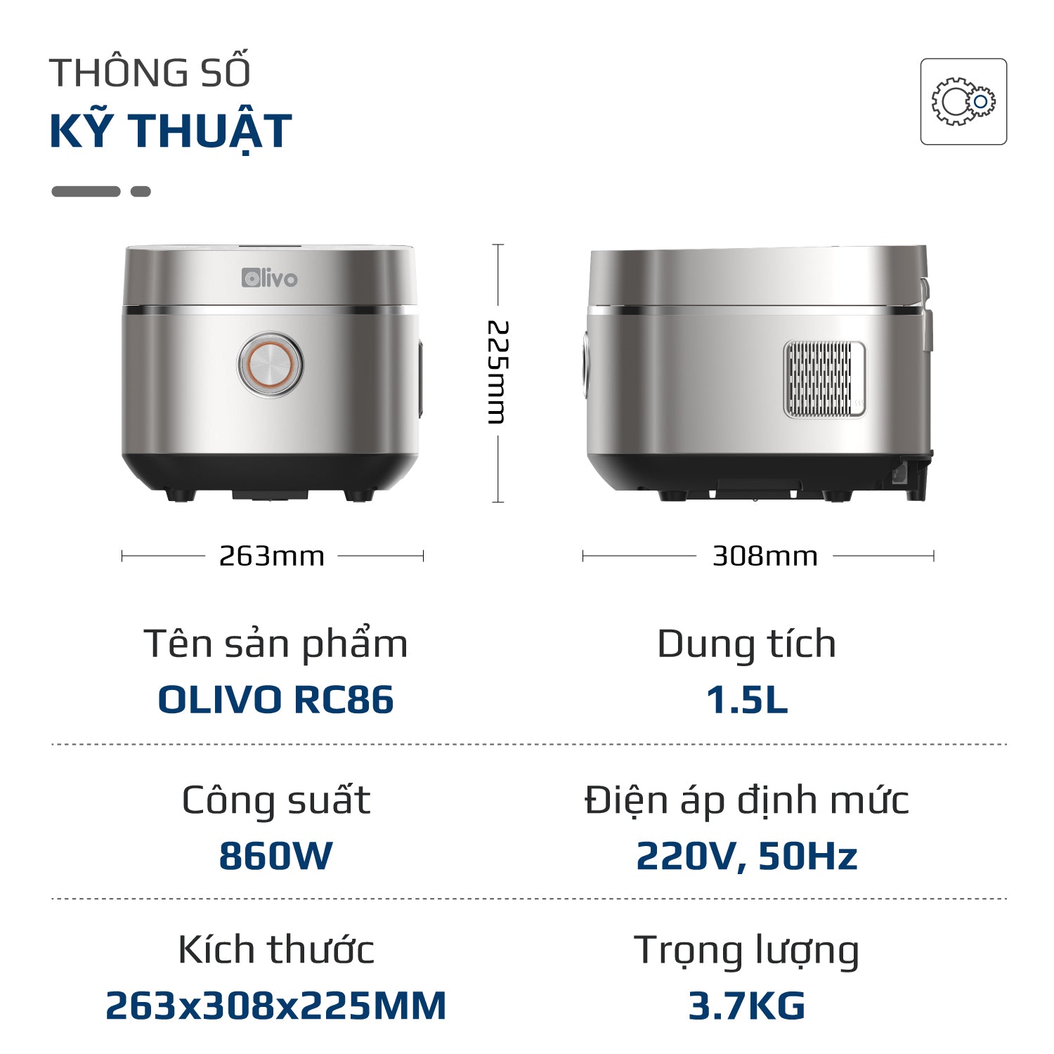 Nồi Cơm Điện OLIVO RC86 - Lòng Nồi INOX 304 Chống Dính Tự Nhiên, Nấu Cơm Ngon, Thiết Kế Tinh Tế, Sang Trọng