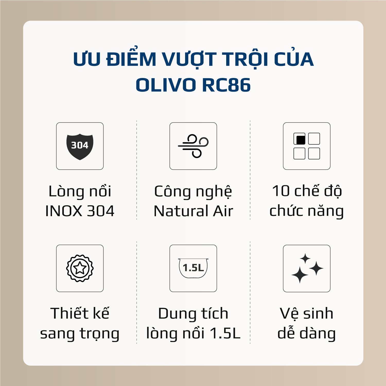 Nồi Cơm Điện OLIVO RC86 - Lòng Nồi INOX 304 Chống Dính Tự Nhiên, Nấu Cơm Ngon, Thiết Kế Tinh Tế, Sang Trọng