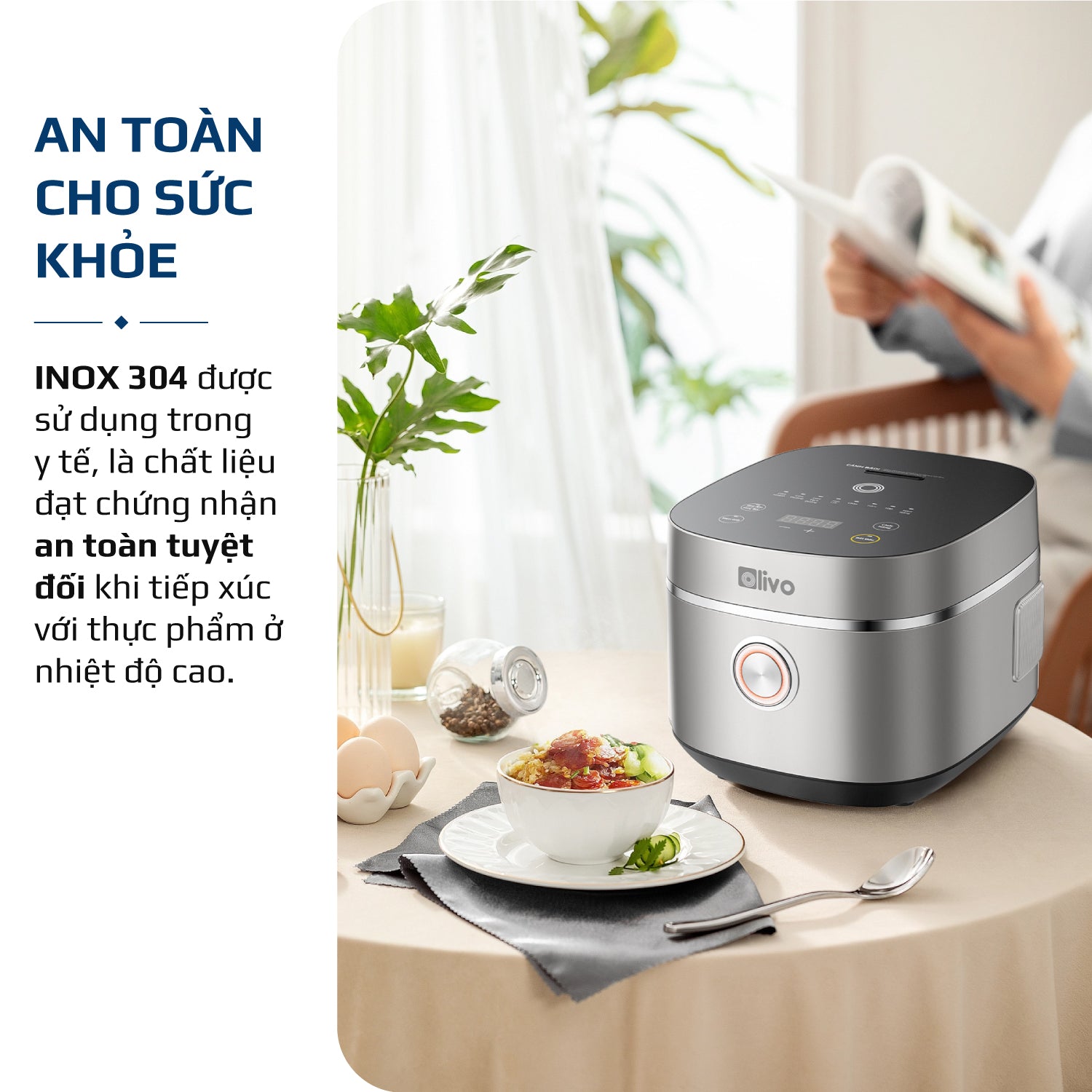 Nồi Cơm Điện OLIVO RC86 - Lòng Nồi INOX 304 Chống Dính Tự Nhiên, Nấu Cơm Ngon, Thiết Kế Tinh Tế, Sang Trọng