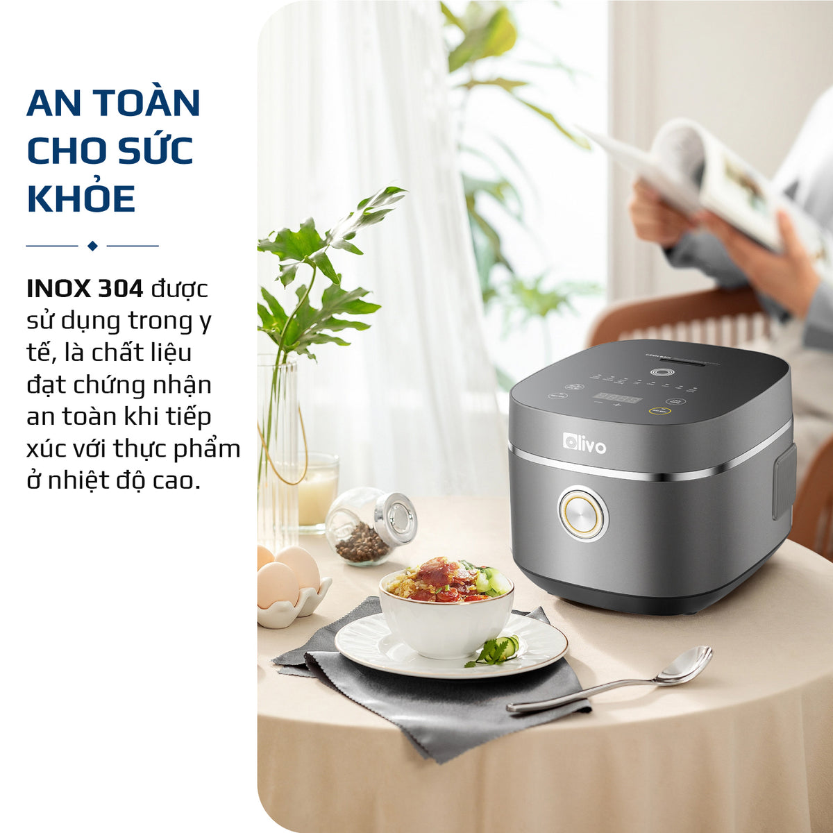 Nồi Cơm Điện OLIVO RC86 Titanium - Lòng Nồi INOX 304 Chống Dính Tự Nhiên, Nấu Cơm Ngon, Thiết Kế Tinh Tế, Sang Trọng
