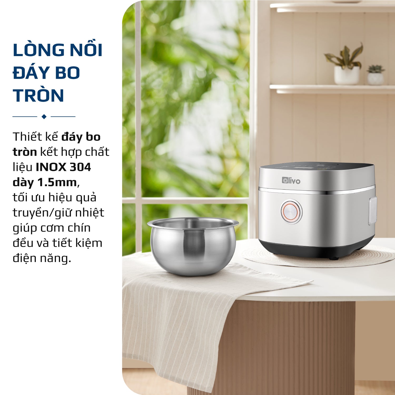 Nồi Cơm Điện OLIVO RC86 - Lòng Nồi INOX 304 Chống Dính Tự Nhiên, Nấu Cơm Ngon, Thiết Kế Tinh Tế, Sang Trọng