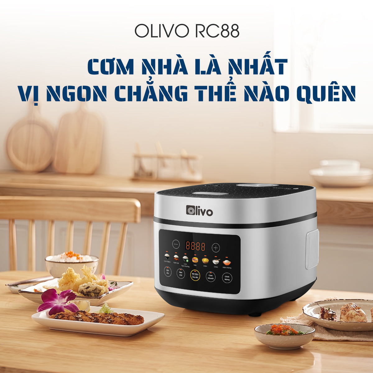 Nồi Cơm Điện OLIVO RC88 – Lòng Nồi INOX 304 Chống Dính Tự Nhiên, Bảng Điều Khiển OLED Sống Động, Nấu Cơm Ngon, Thiết Kế Sang Trọng