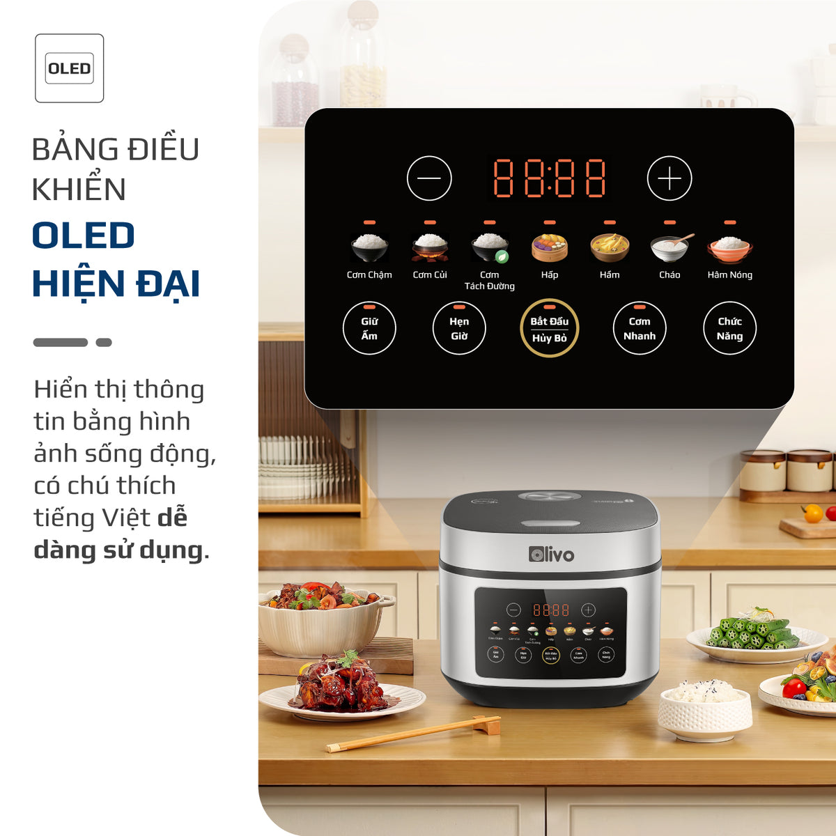 Nồi Cơm Điện OLIVO RC88 – Lòng Nồi INOX 304 Chống Dính Tự Nhiên, Bảng Điều Khiển OLED Sống Động, Nấu Cơm Ngon, Thiết Kế Sang Trọng
