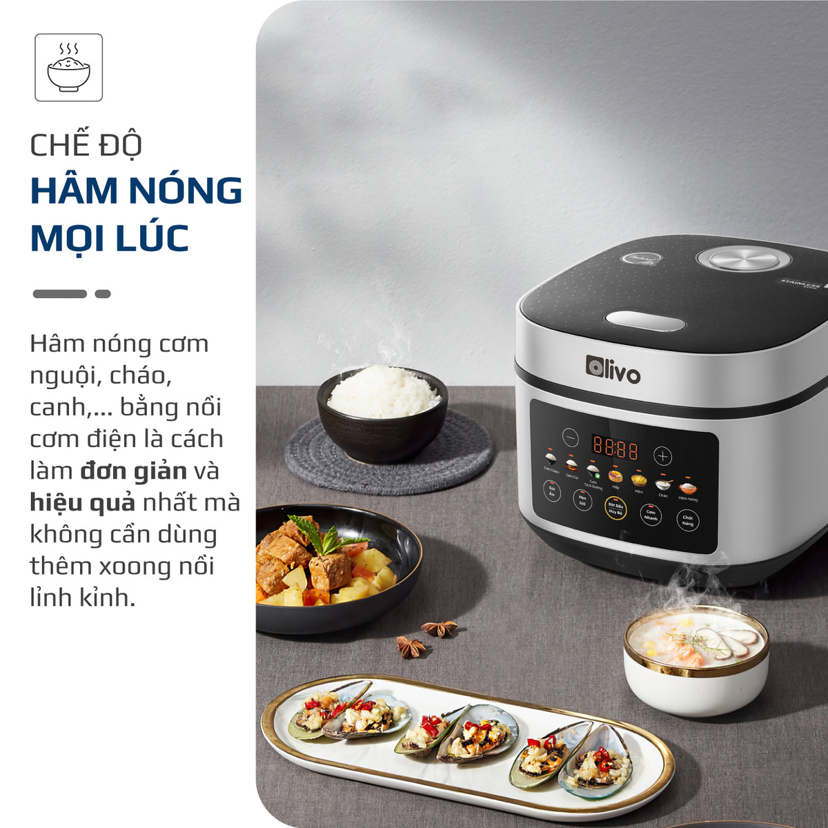 Nồi Cơm Điện OLIVO RC88 – Lòng Nồi INOX 304 Chống Dính Tự Nhiên, Bảng Điều Khiển OLED Sống Động, Nấu Cơm Ngon, Thiết Kế Sang Trọng