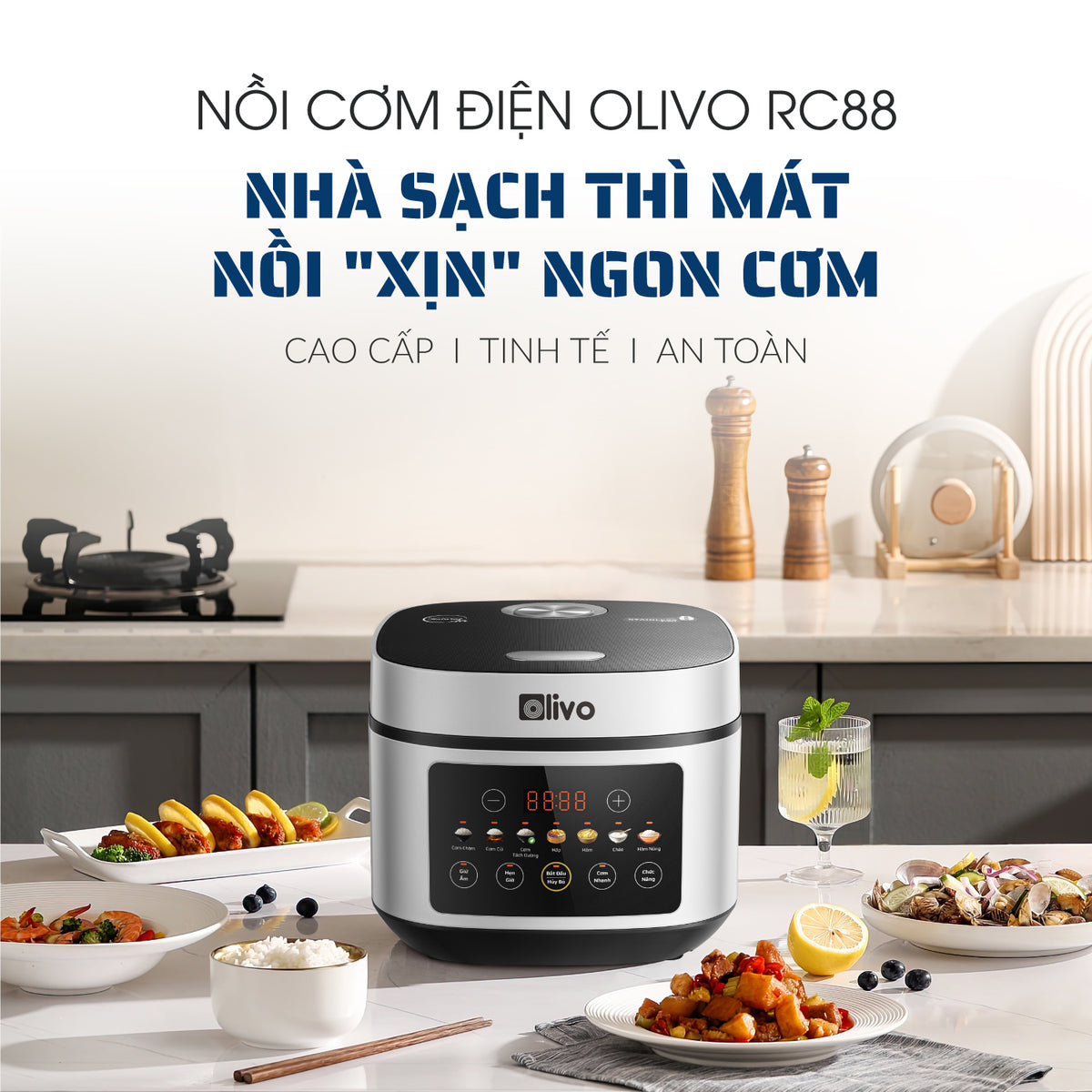 Nồi Cơm Điện OLIVO RC88 – Lòng Nồi INOX 304 Chống Dính Tự Nhiên, Bảng Điều Khiển OLED Sống Động, Nấu Cơm Ngon, Thiết Kế Sang Trọng