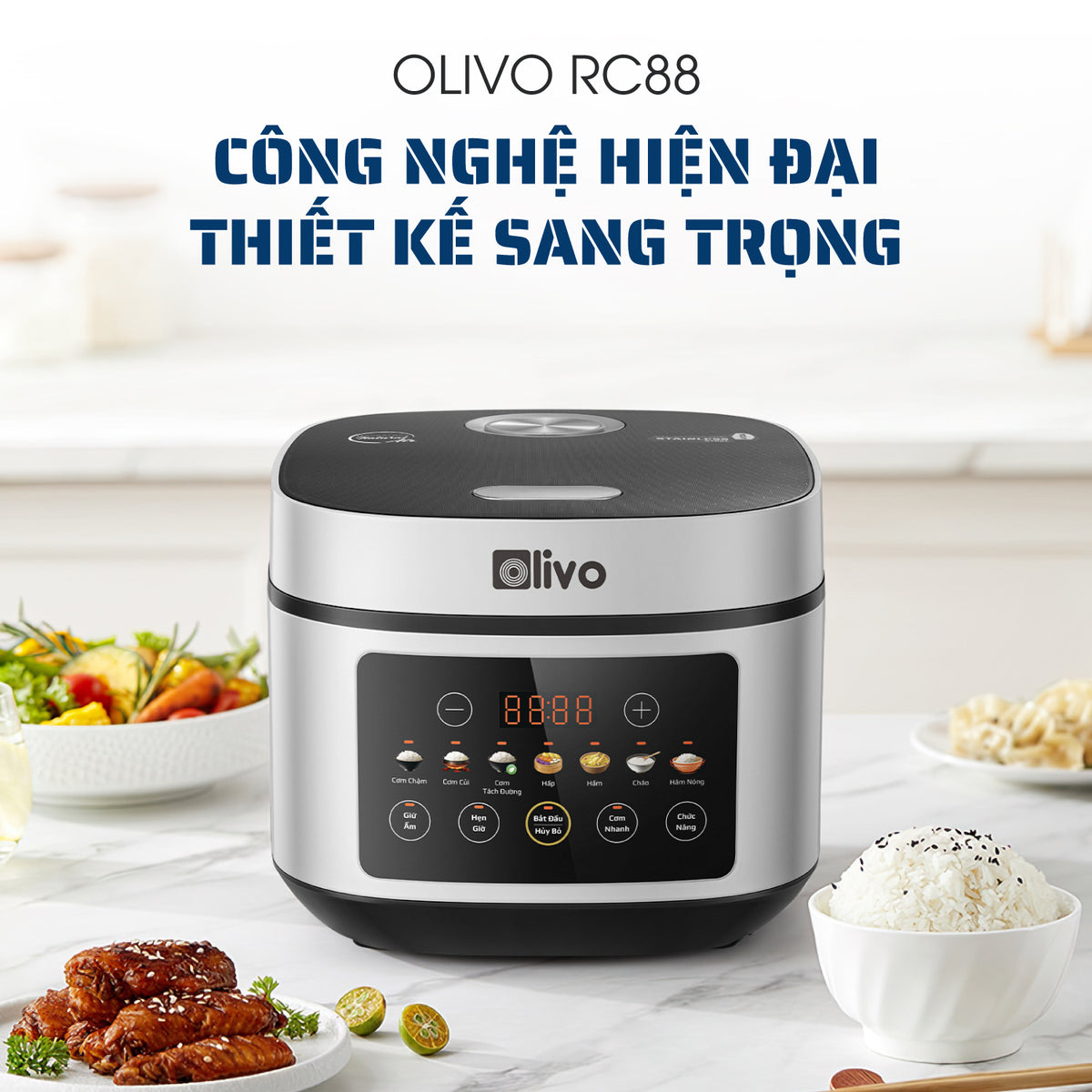 Nồi Cơm Điện OLIVO RC88 – Lòng Nồi INOX 304 Chống Dính Tự Nhiên, Bảng Điều Khiển OLED Sống Động, Nấu Cơm Ngon, Thiết Kế Sang Trọng