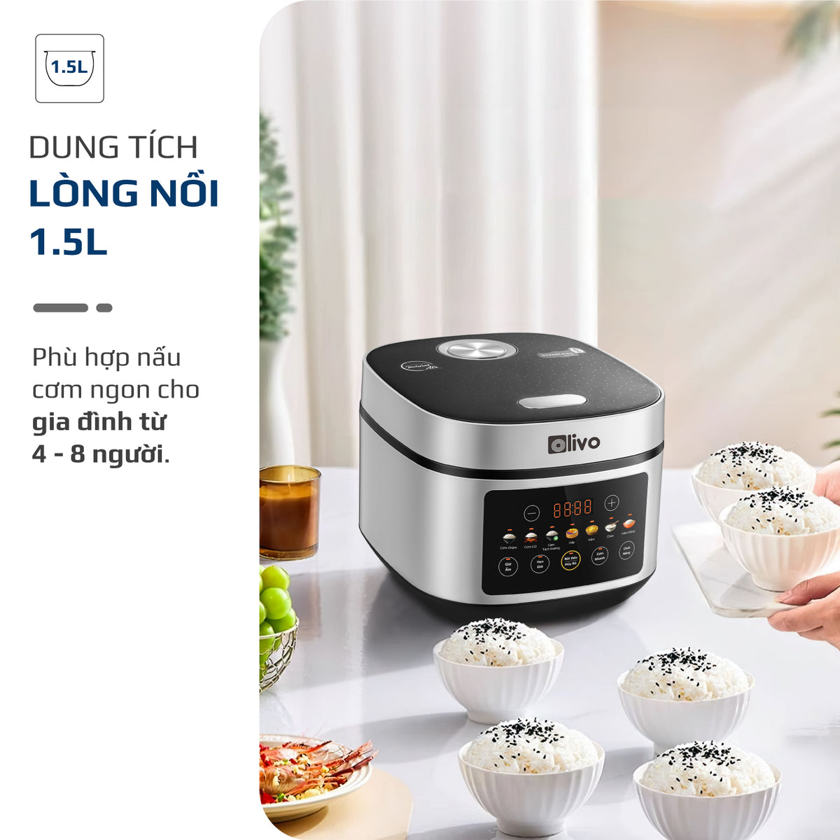 Nồi Cơm Điện OLIVO RC88 – Lòng Nồi INOX 304 Chống Dính Tự Nhiên, Bảng Điều Khiển OLED Sống Động, Nấu Cơm Ngon, Thiết Kế Sang Trọng