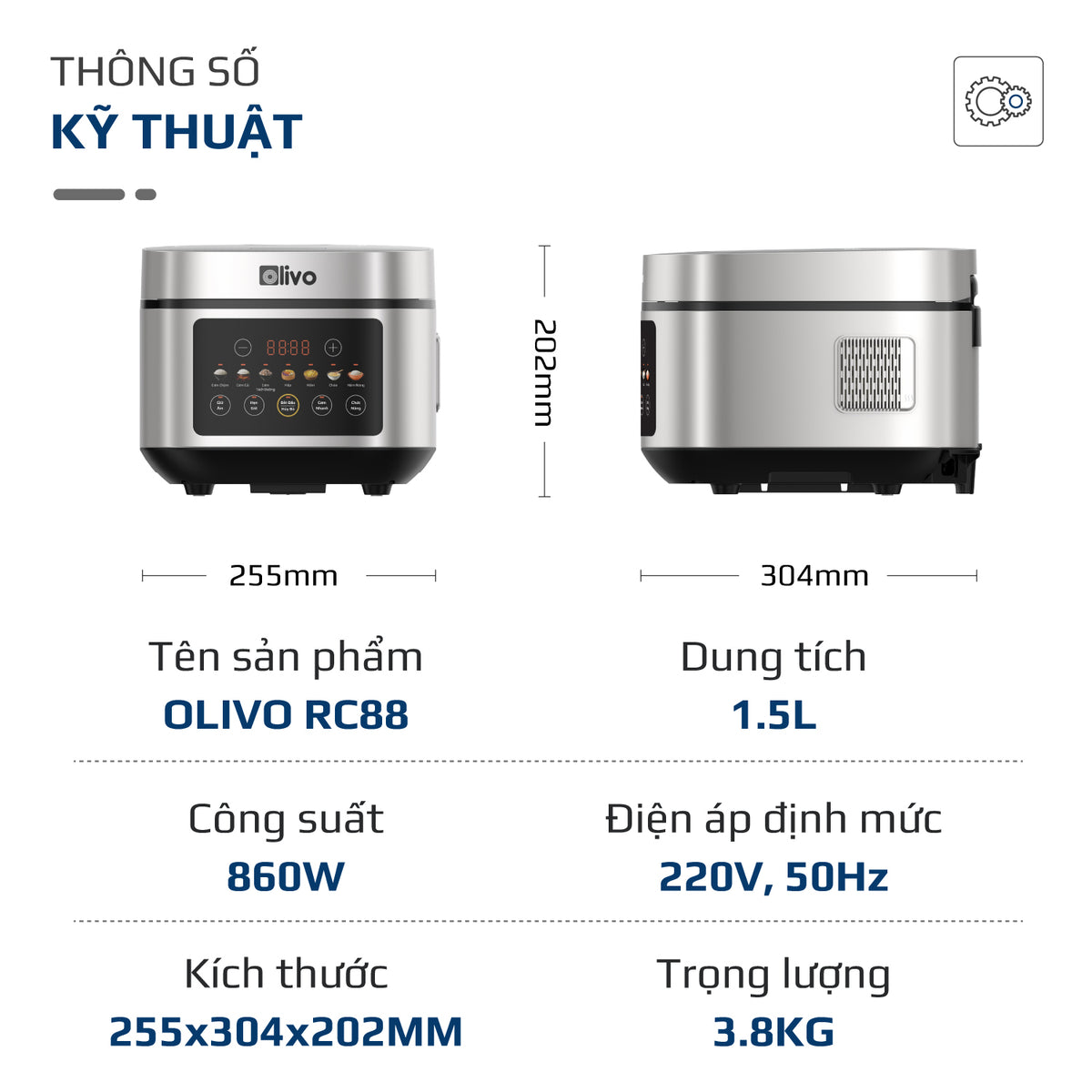 Nồi Cơm Điện OLIVO RC88 – Lòng Nồi INOX 304 Chống Dính Tự Nhiên, Bảng Điều Khiển OLED Sống Động, Nấu Cơm Ngon, Thiết Kế Sang Trọng