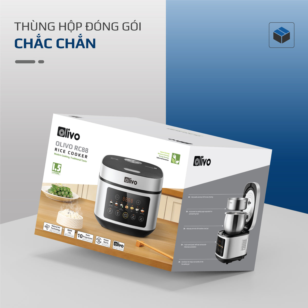 Nồi Cơm Điện OLIVO RC88 – Lòng Nồi INOX 304 Chống Dính Tự Nhiên, Bảng Điều Khiển OLED Sống Động, Nấu Cơm Ngon, Thiết Kế Sang Trọng